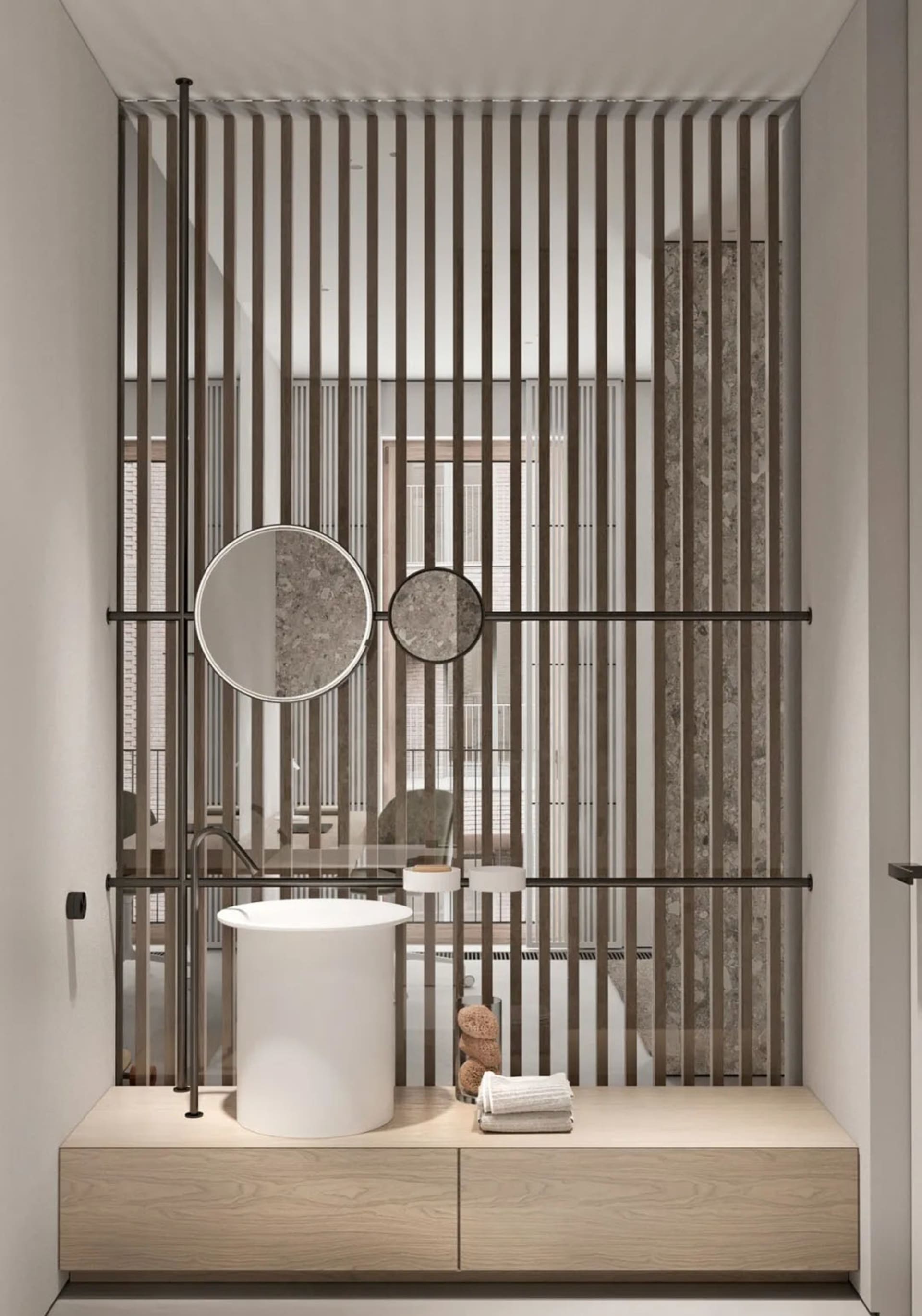 Modern bathroom featuring a minimalistic design with wooden accents and a white circular mirror.