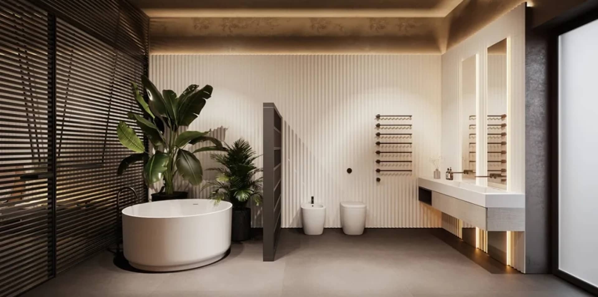 A modern bathroom featuring white concrete tiles, a freestanding bathtub, and various functional zones.