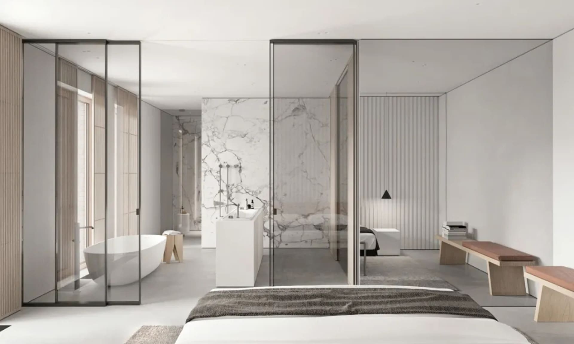 Modern bedroom with marble walls and floor