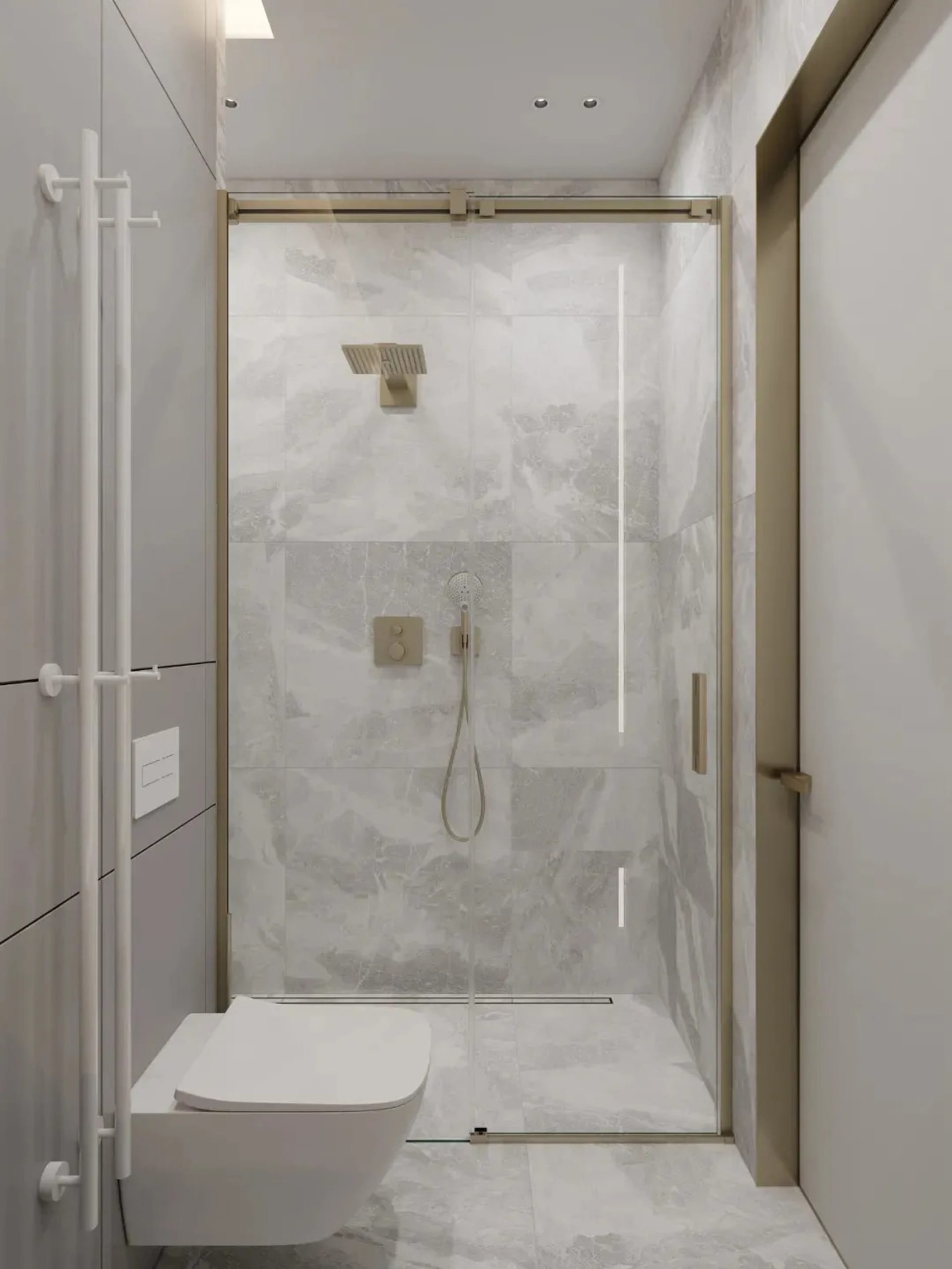 A modern bathroom with white marble tiles, a wall-mounted toilet, and a glass-enclosed shower.