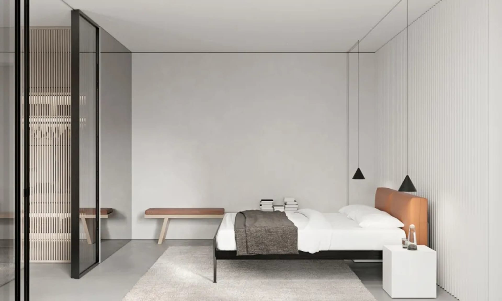 A modern minimalist bedroom with a white bed, brown headboard, and white bedding.