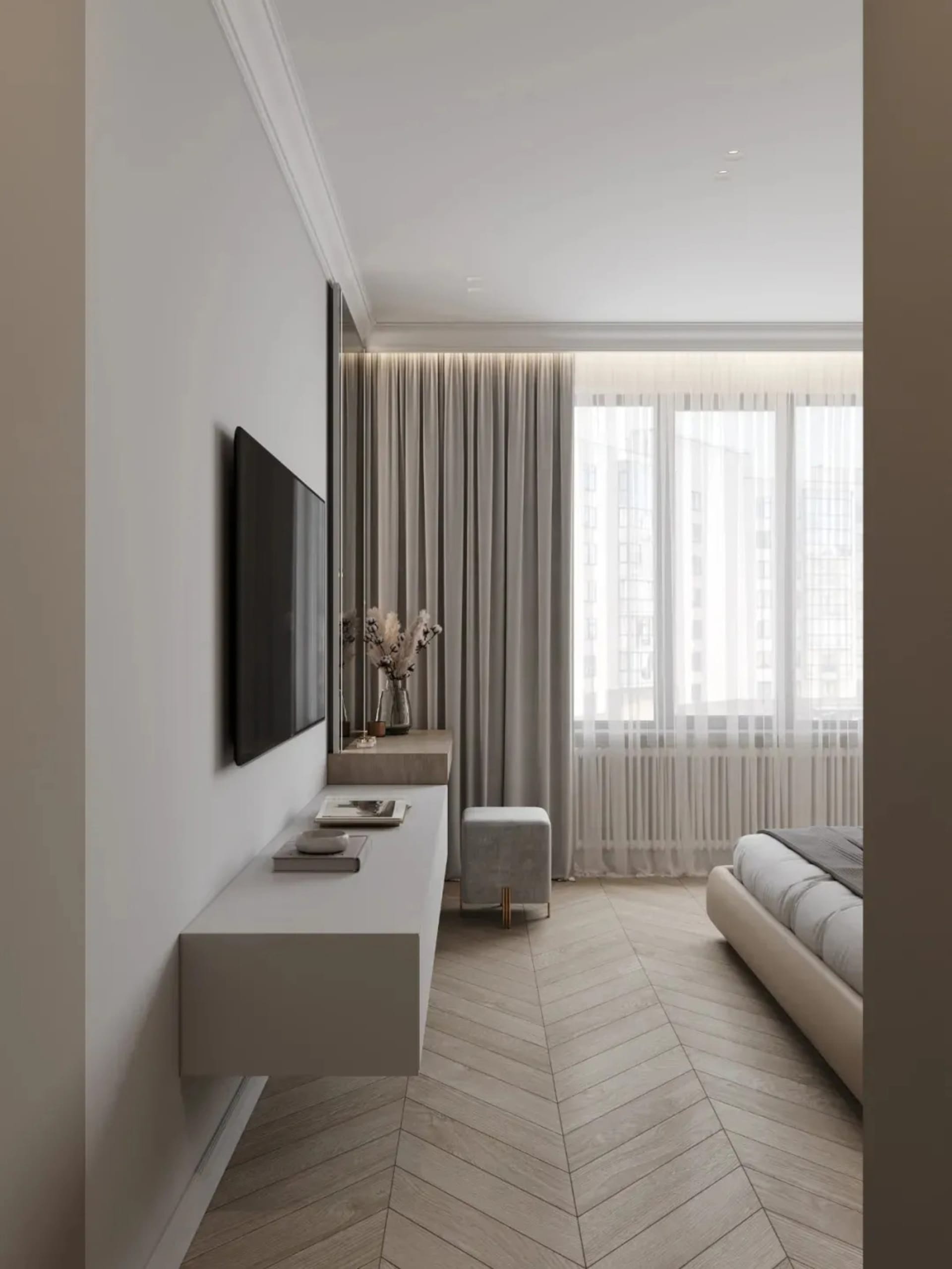 A modern minimalist bedroom featuring white furniture, wood floors, and fabric curtains.