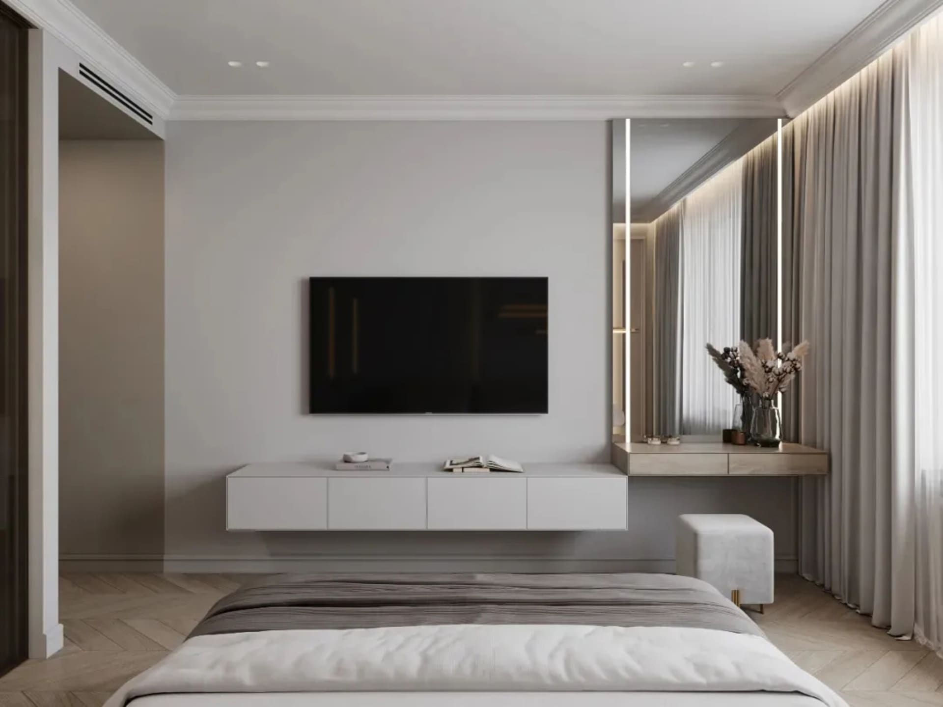 Modern minimalist bedroom with white walls, gray accent, and white flooring featuring a bed with white bedding, a floating en