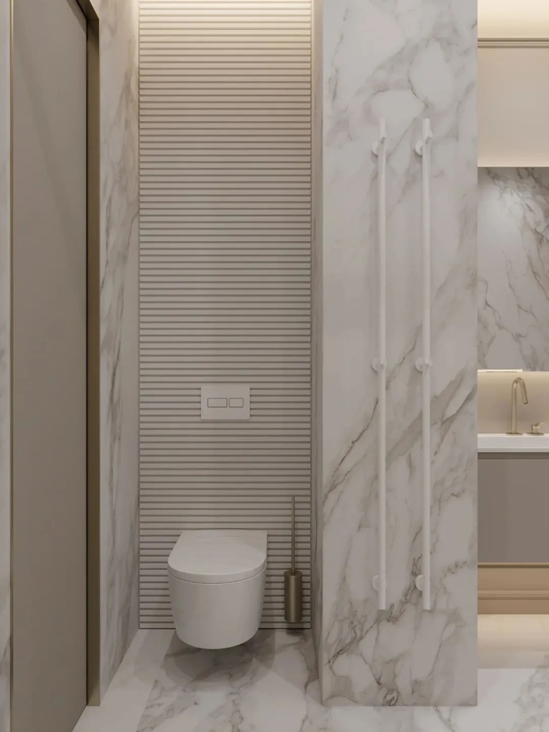 Modern minimalist bathroom with marble walls and floor, featuring a white toilet and a sleek faucet.