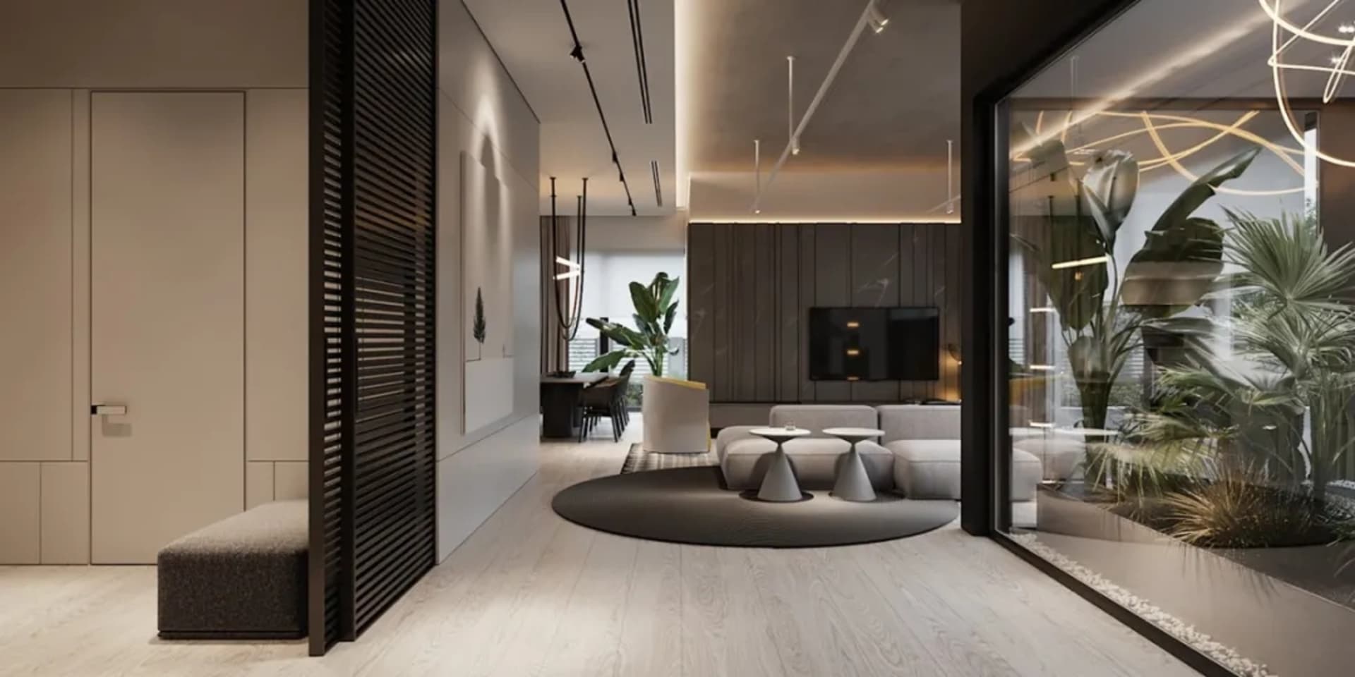 Modern living room featuring concrete and glass materials.