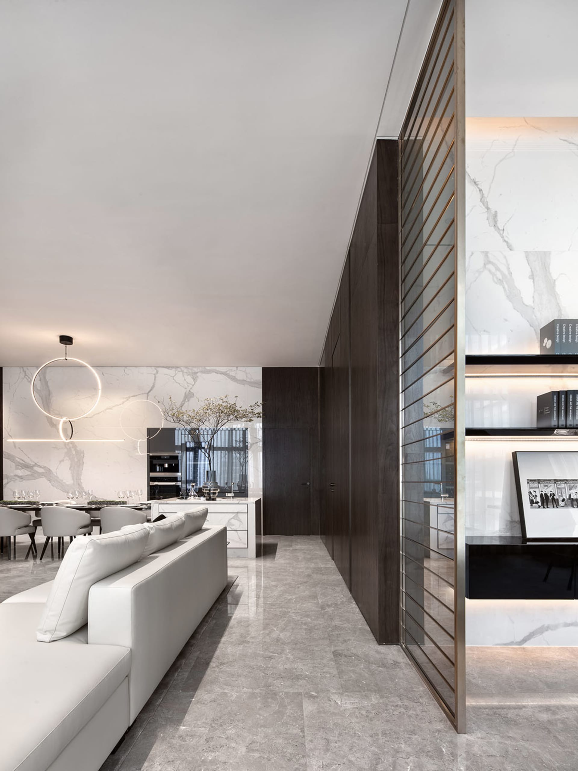 Modern living room with concrete and glass materials