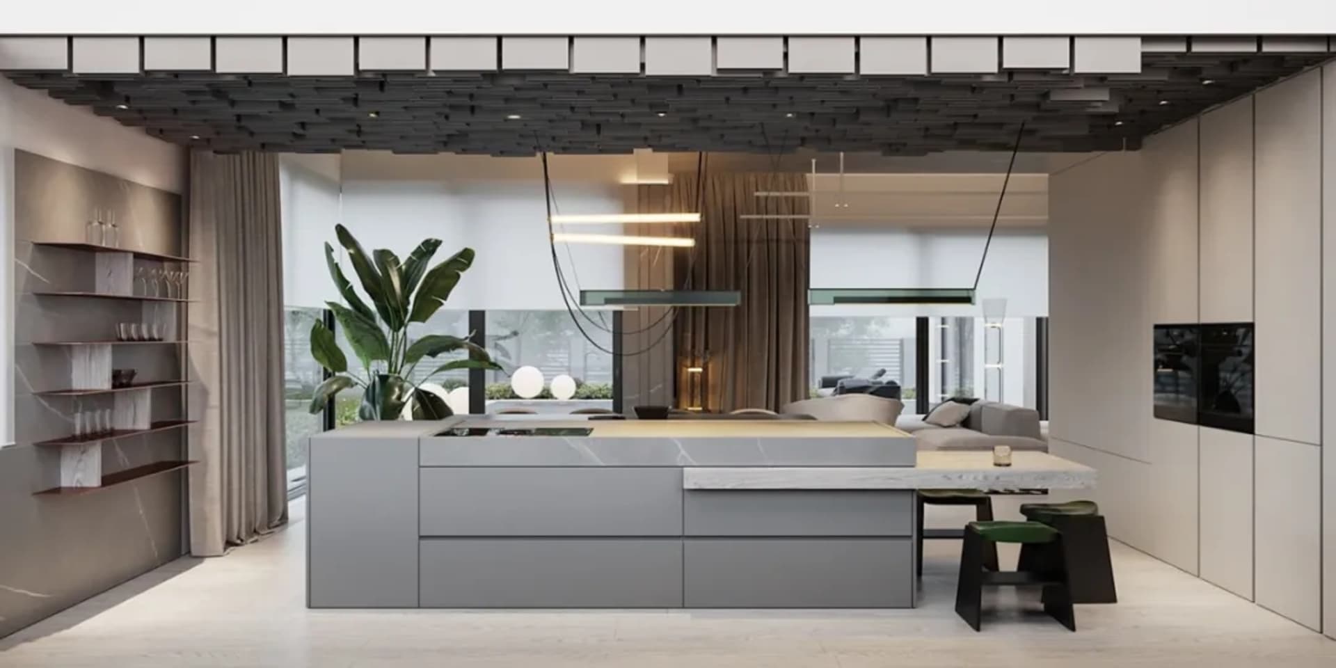A modern kitchen with minimalist design elements, including a sleek island with a waterfall countertop and pendant lights.