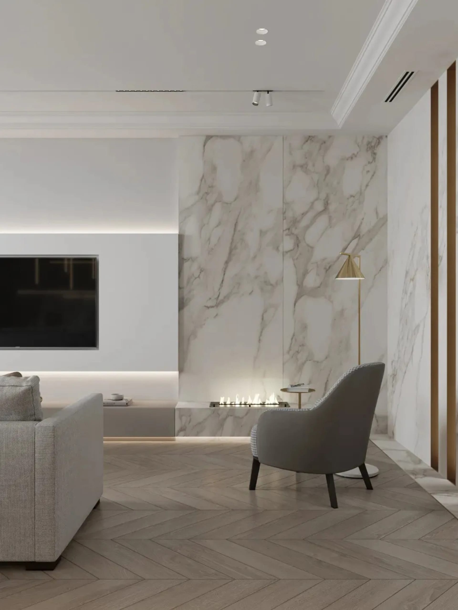 A modern minimalist living room featuring marble walls and wooden herringbone flooring.