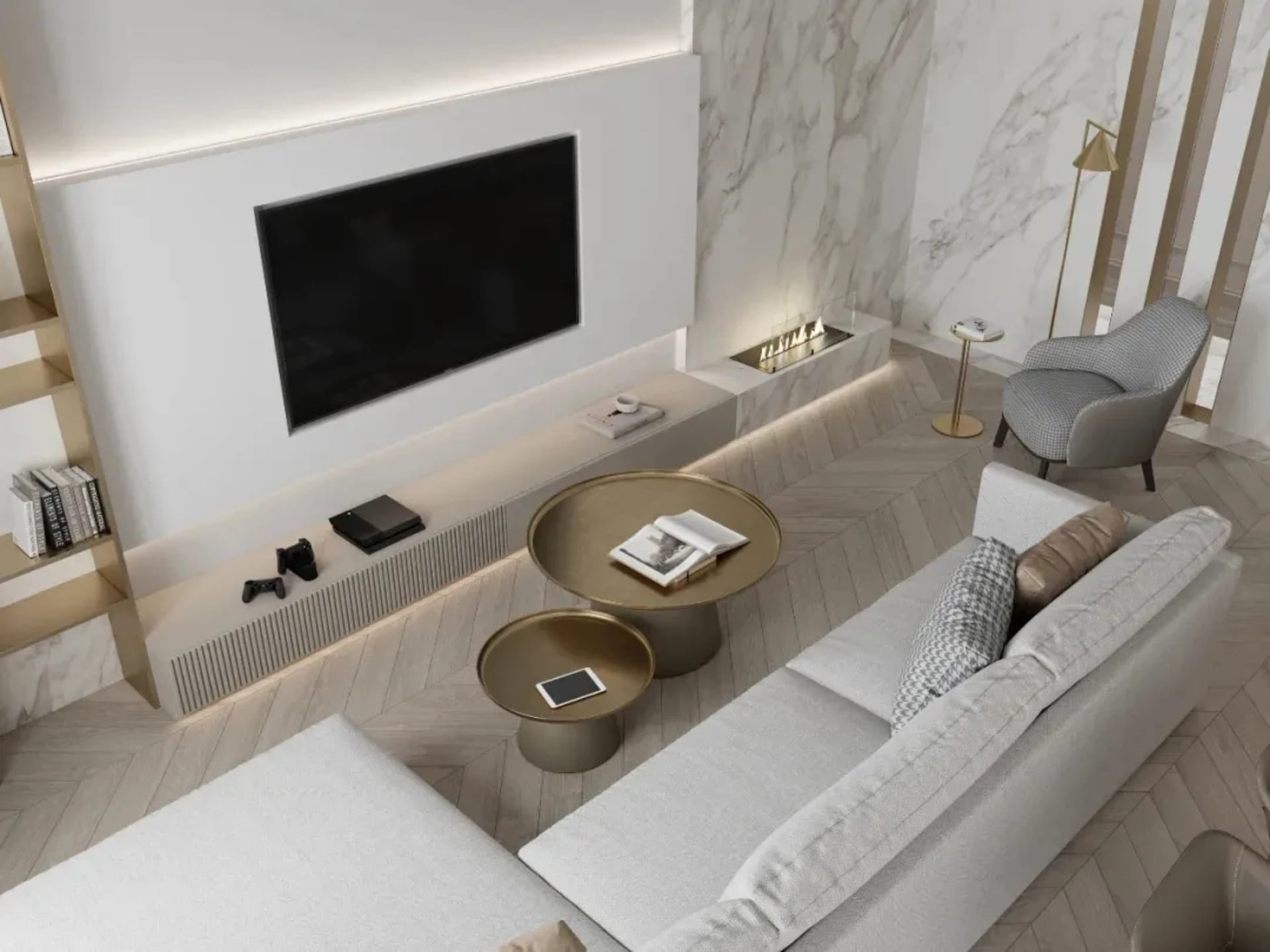 Modern living room with marble walls, minimalist furniture, and a sleek fireplace.