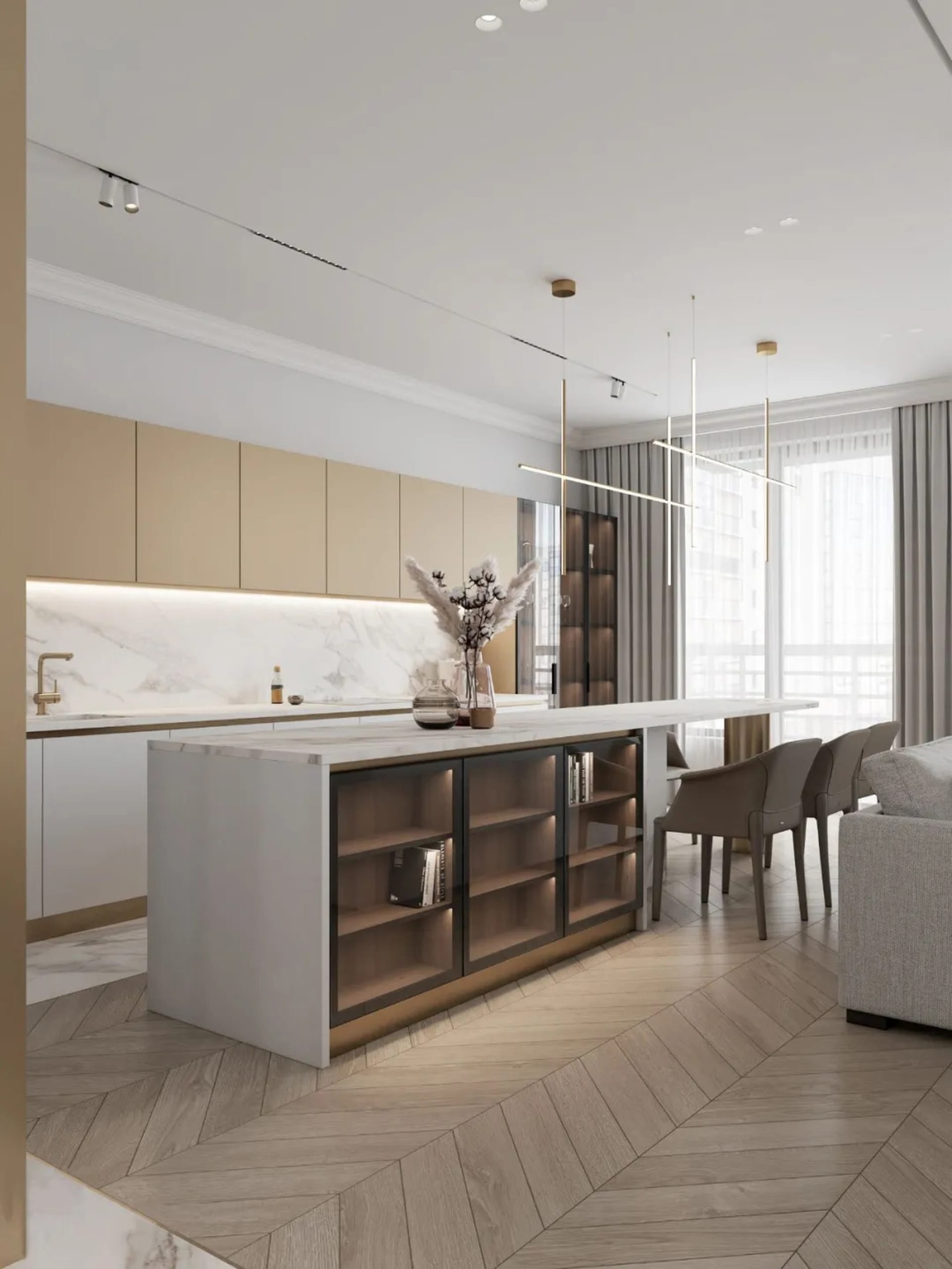 Modern kitchen with minimalist design, featuring white cabinetry and a marble countertop.