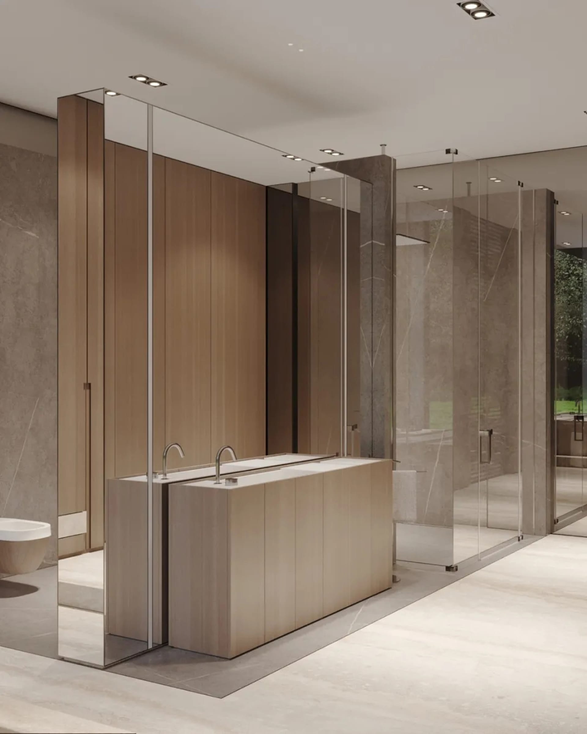 Contemporary bathroom featuring a sleek glass shower enclosure and wooden cabinetry.