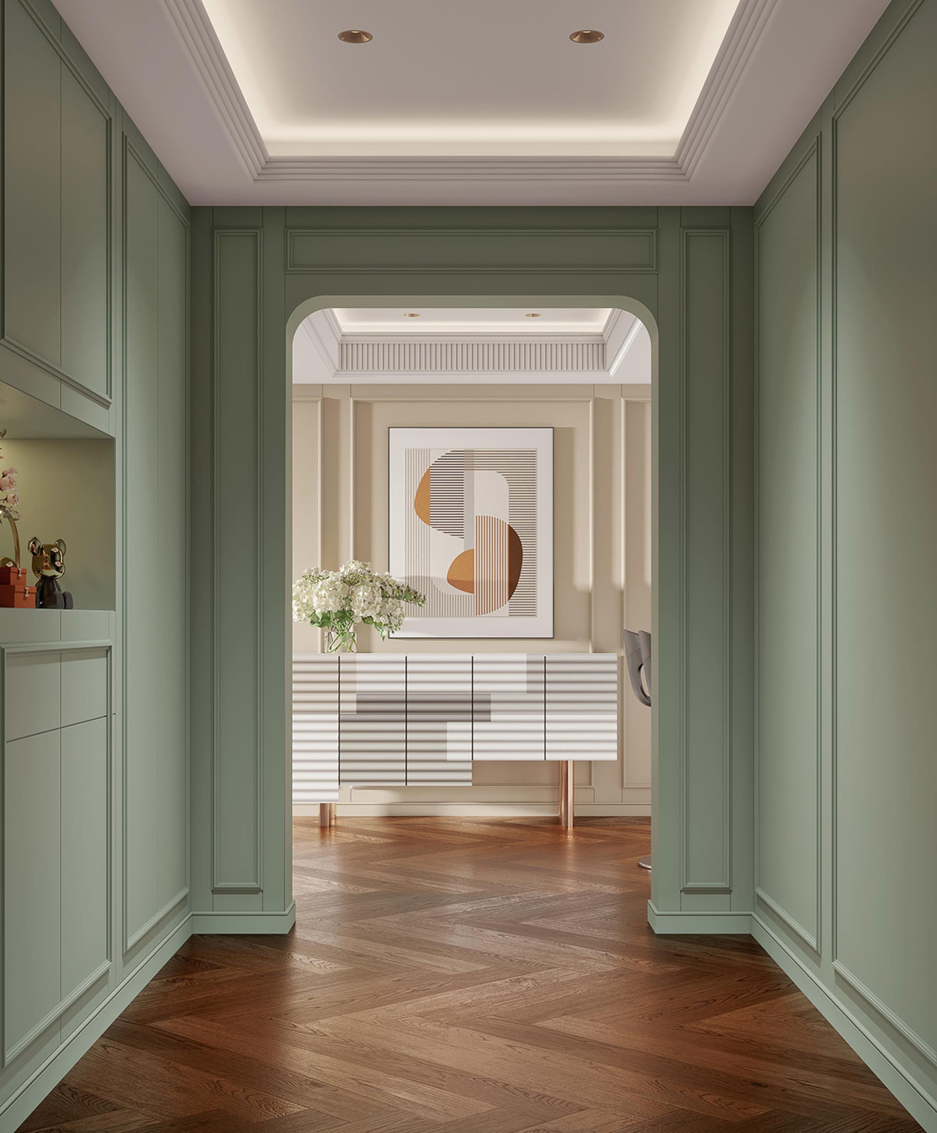 A modern living room with hardwood flooring, minimalist design elements, and a cohesive color palette.