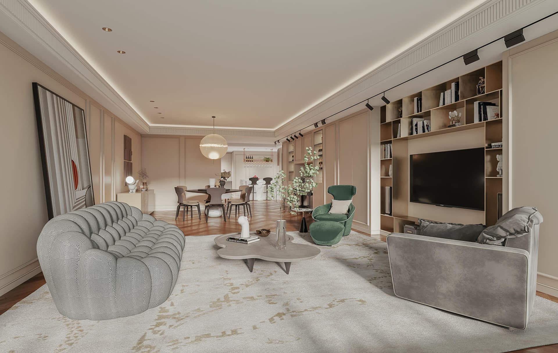 Modern living room with fabric sofas, wooden floors, and metallic accents.