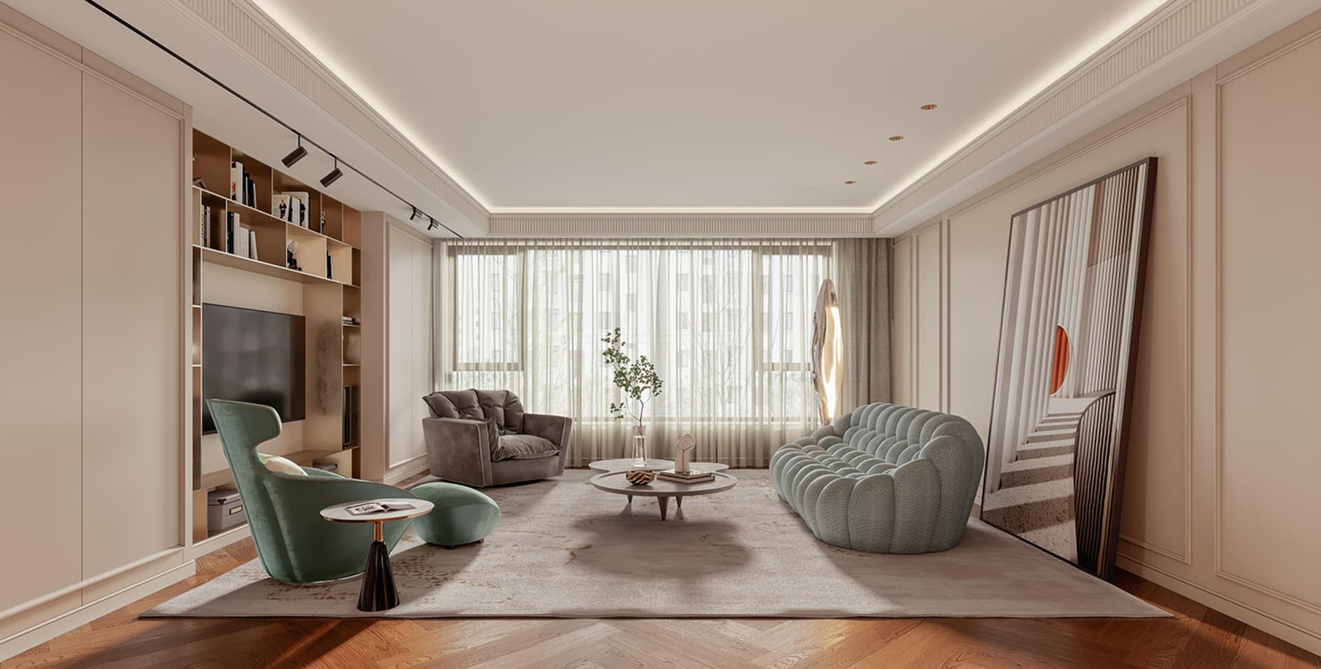 A modern living room featuring a minimalist couch upholstered in fabric.
