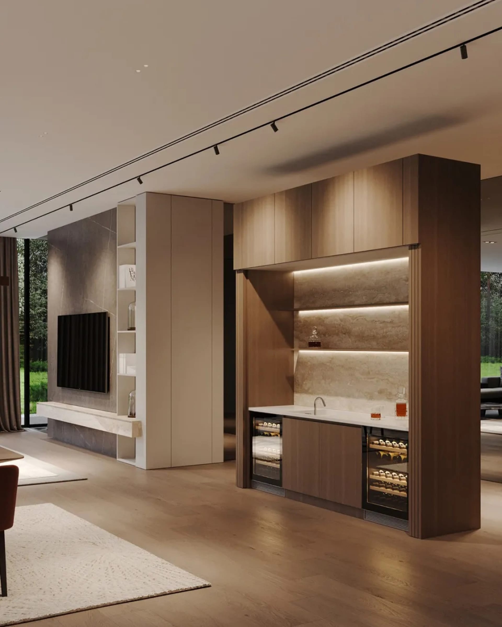 A modern residential bar with wood accents and integrated lighting.