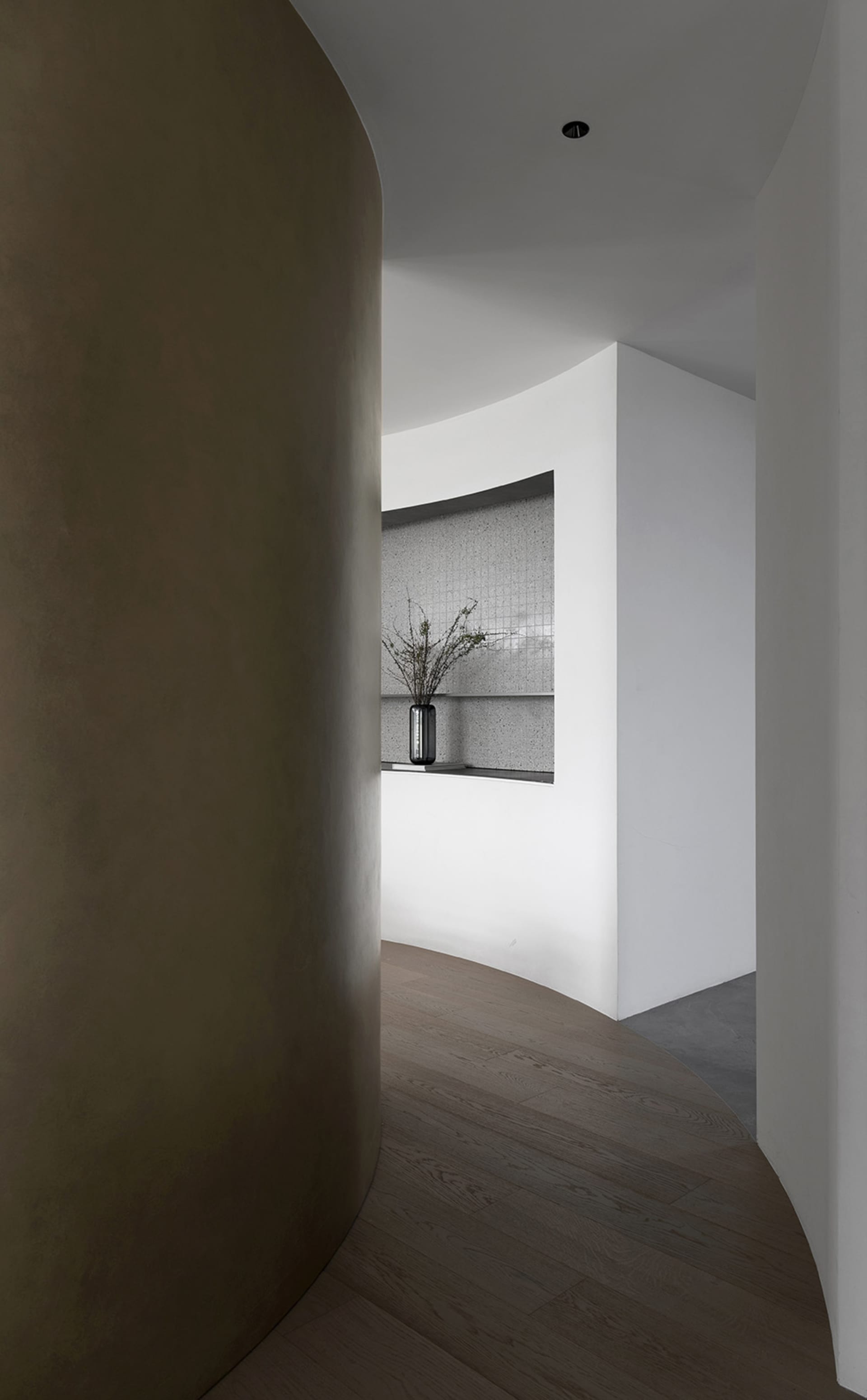 A modern residential interior featuring concrete walls, a vase with greenery, and a curved wall.