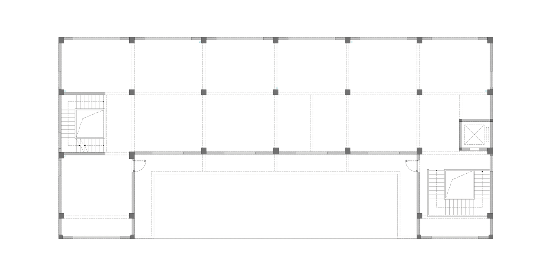 A technical drawing of a rectangular space divided into multiple rooms and areas.
