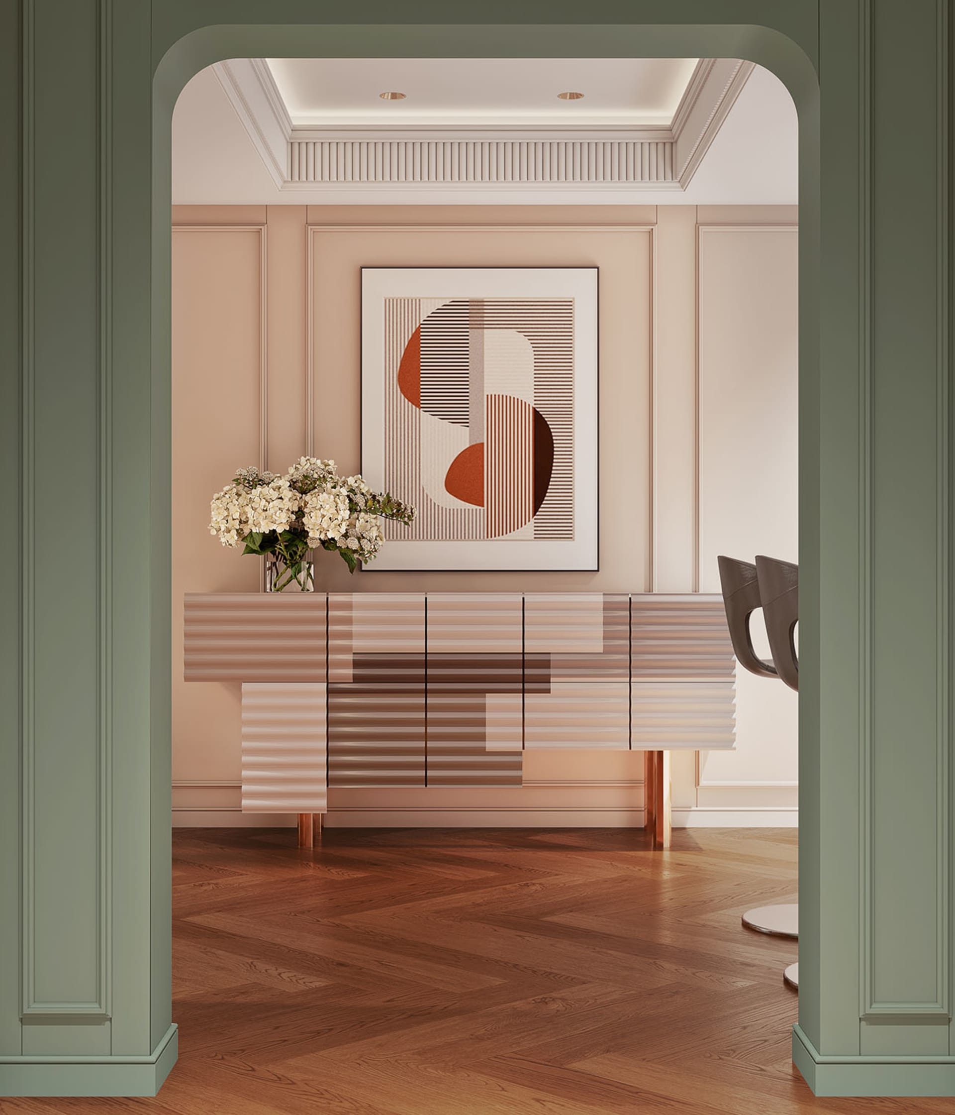 Modern dining room featuring a mix of materials including wood, metal, and fabric.