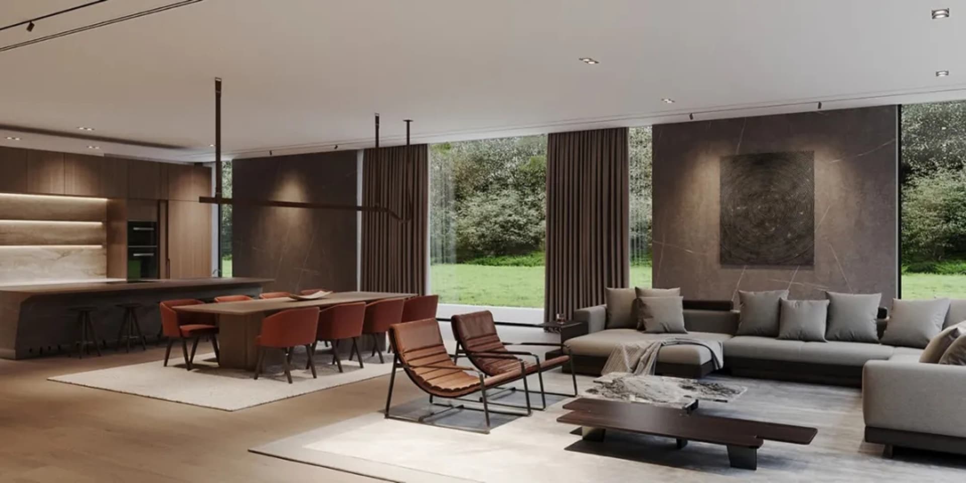 A modern living room with a large sofa, chairs, and a dining table.