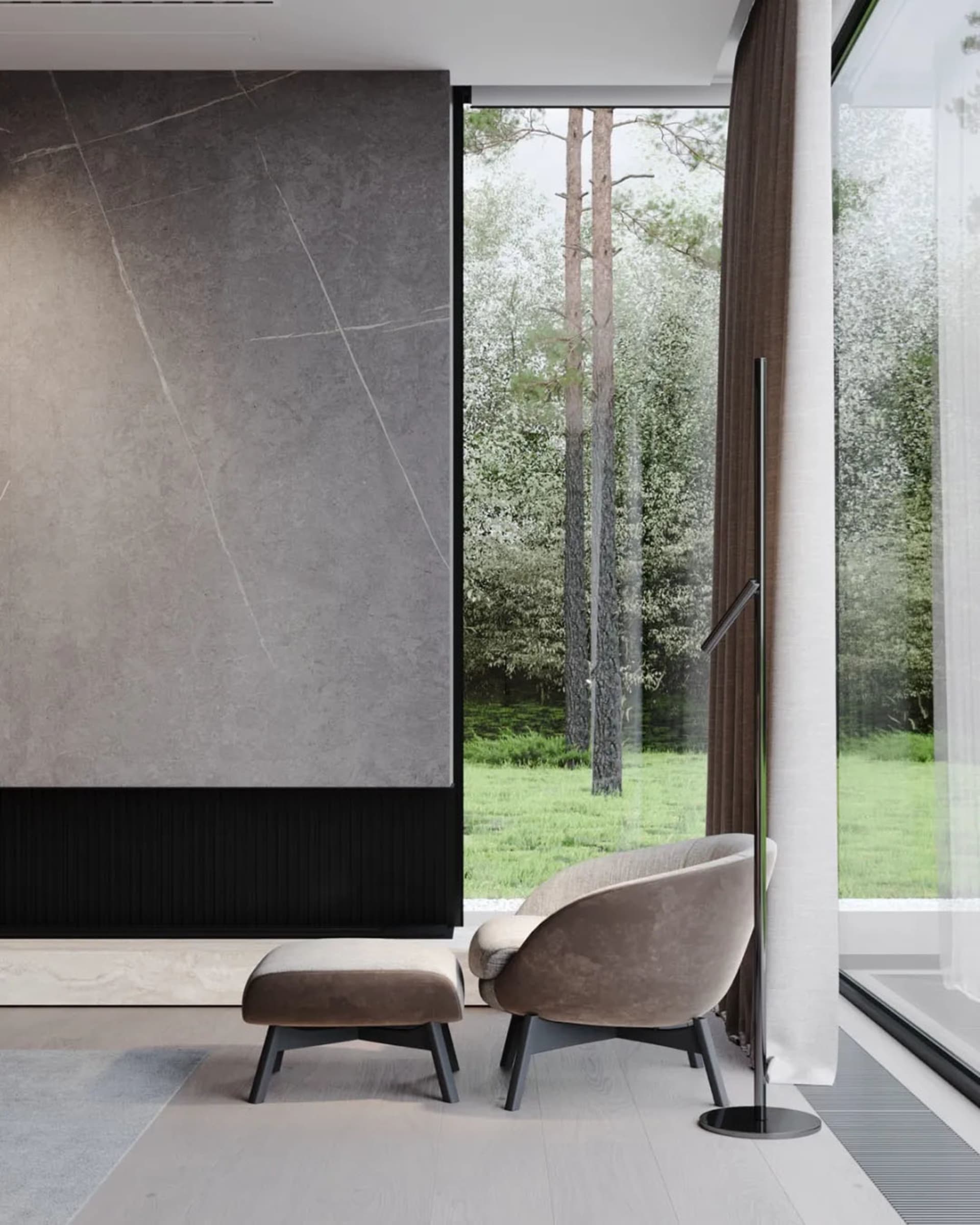 A modern living room featuring marble and glass elements.