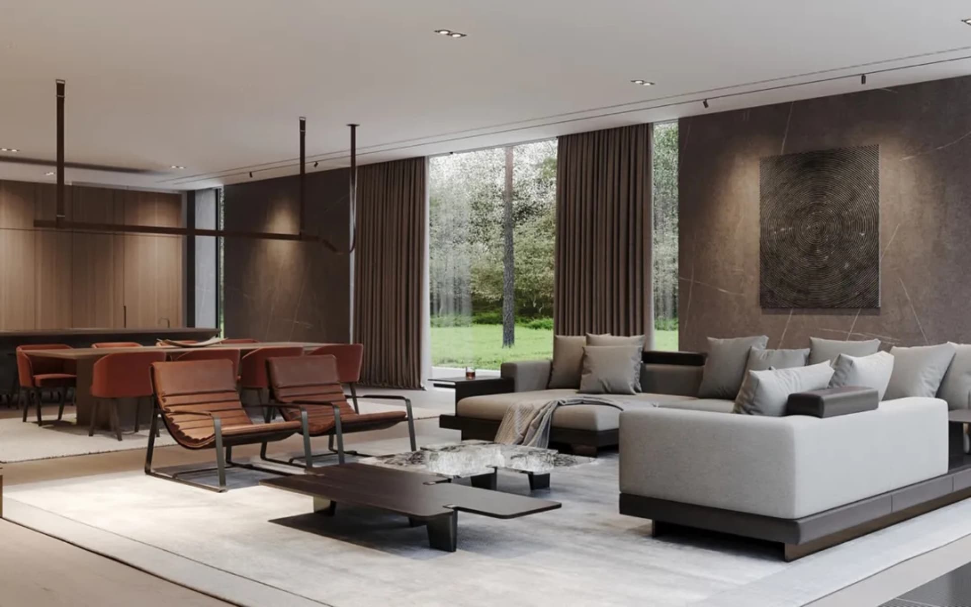 Contemporary living room featuring neutral-toned materials and organic design elements.
