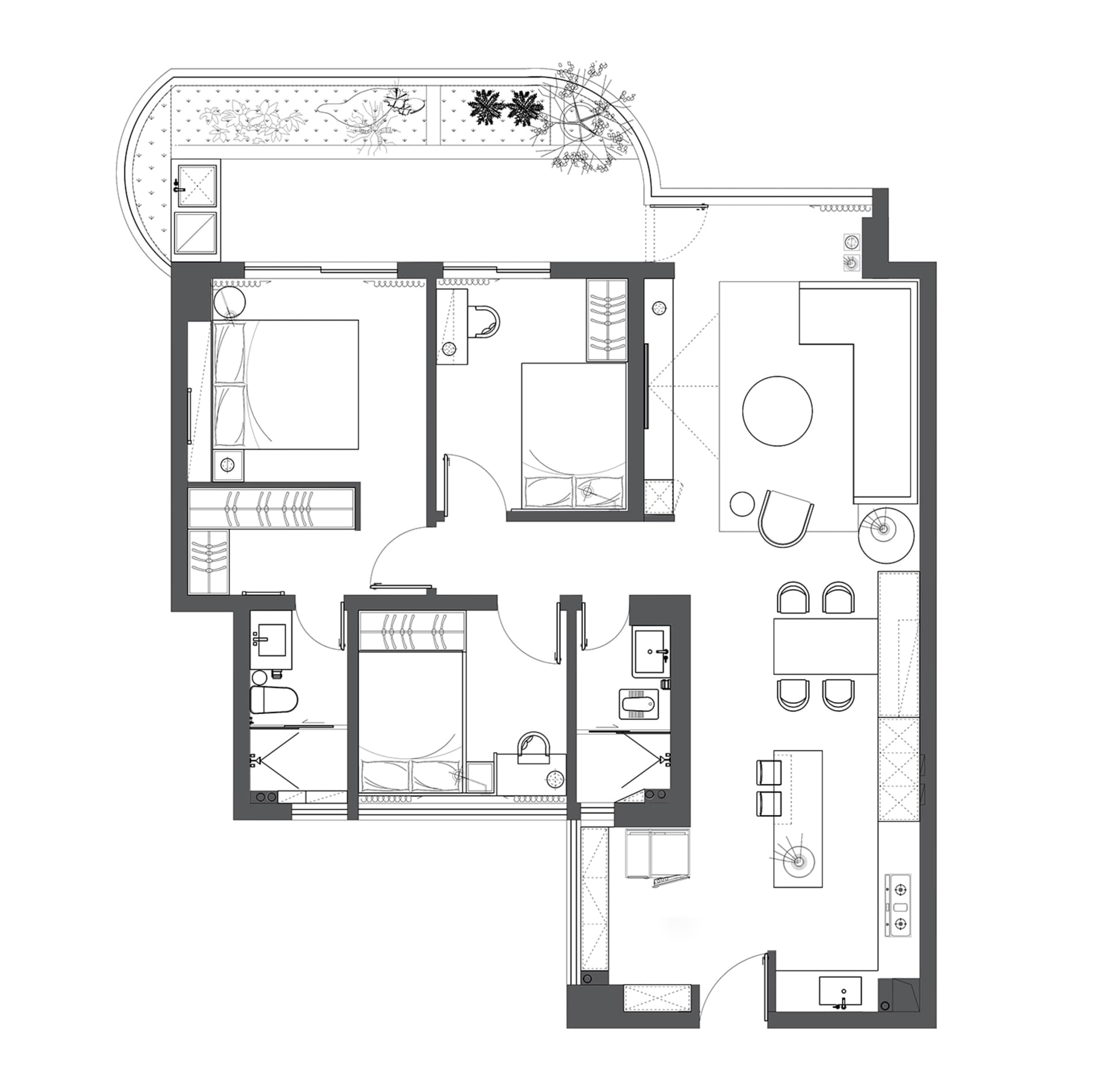 Modern residential floor plan with two bedrooms, kitchen, and living area.
