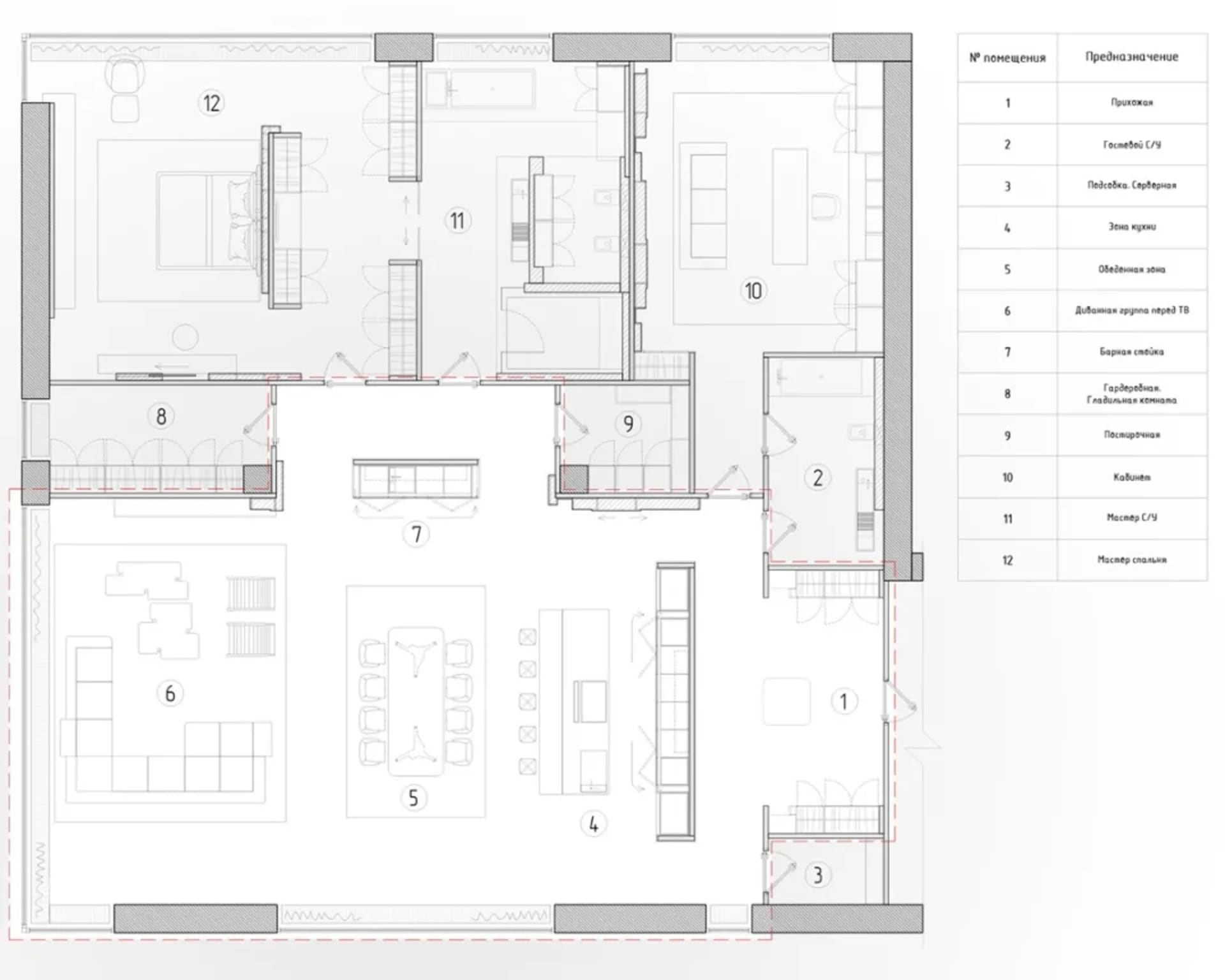 A modern residential floor plan showing various rooms and areas, including bedrooms, bathrooms, and common spaces.
