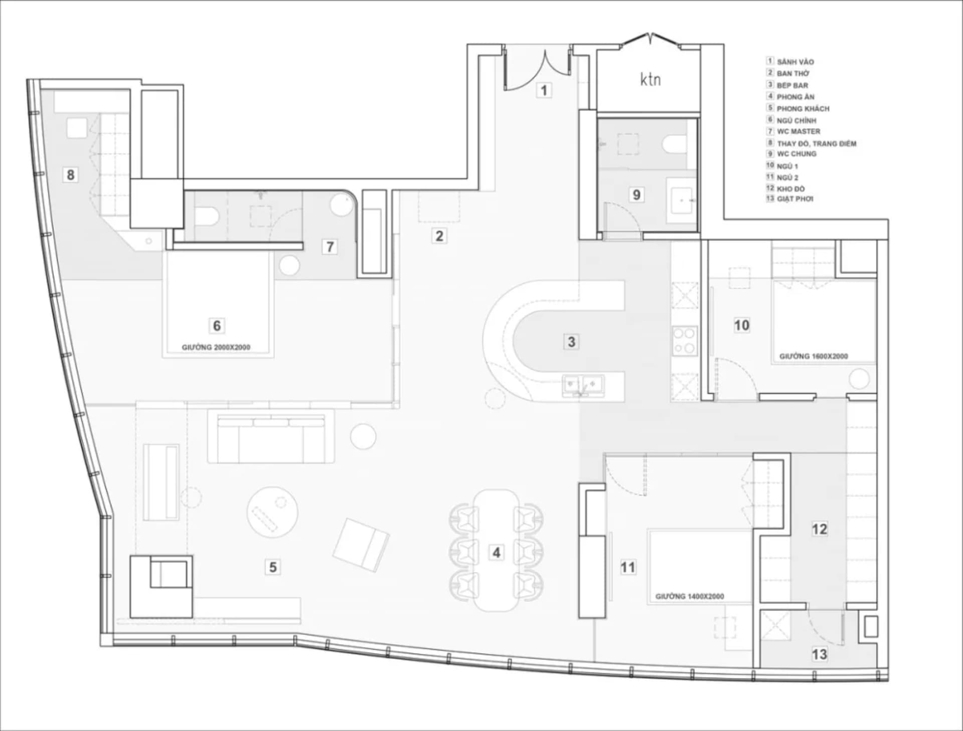 一張詳細的現代住宅室內2D建築圖，帶有混凝土元素。