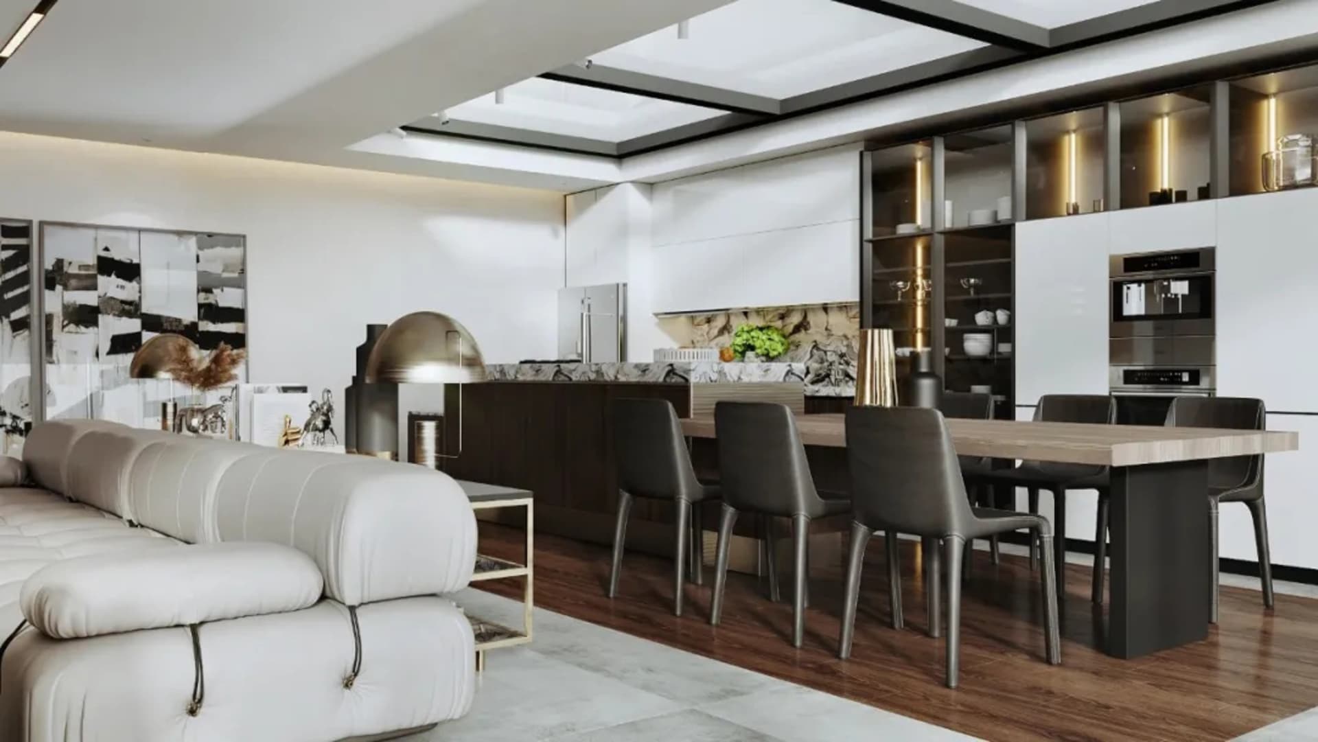 Modern residential dining room with marble elements