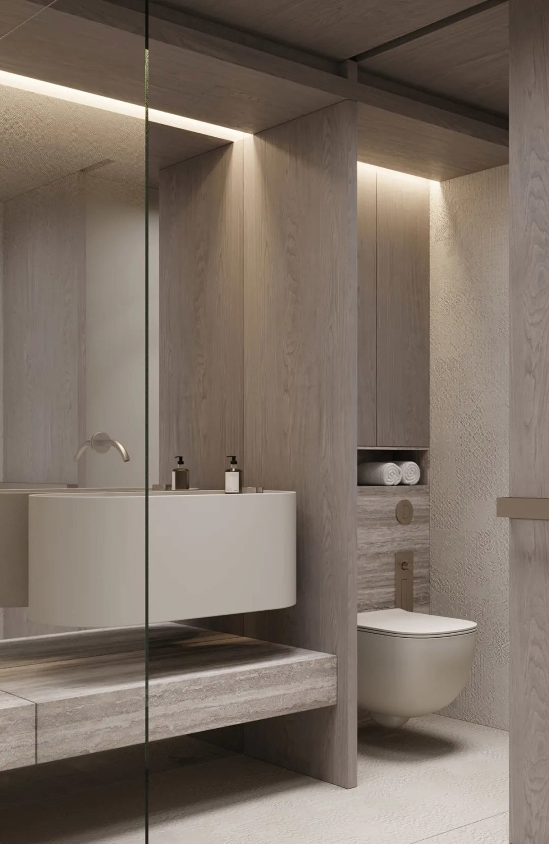 Modern minimalist bathroom with wooden accents and a white sink.