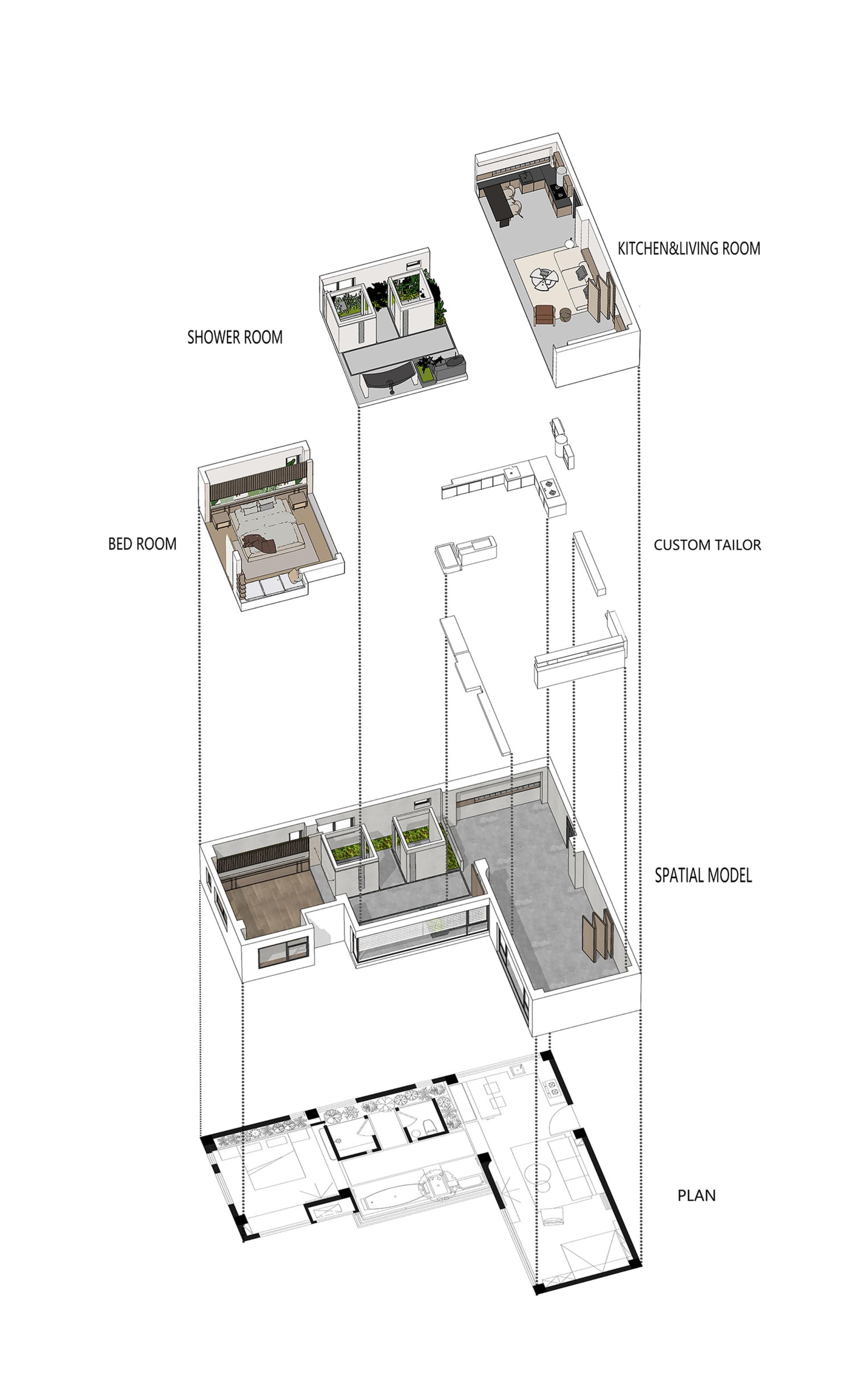 一張描繪現代公寓的建築平面圖，展現混凝土、玻璃與木質元素。