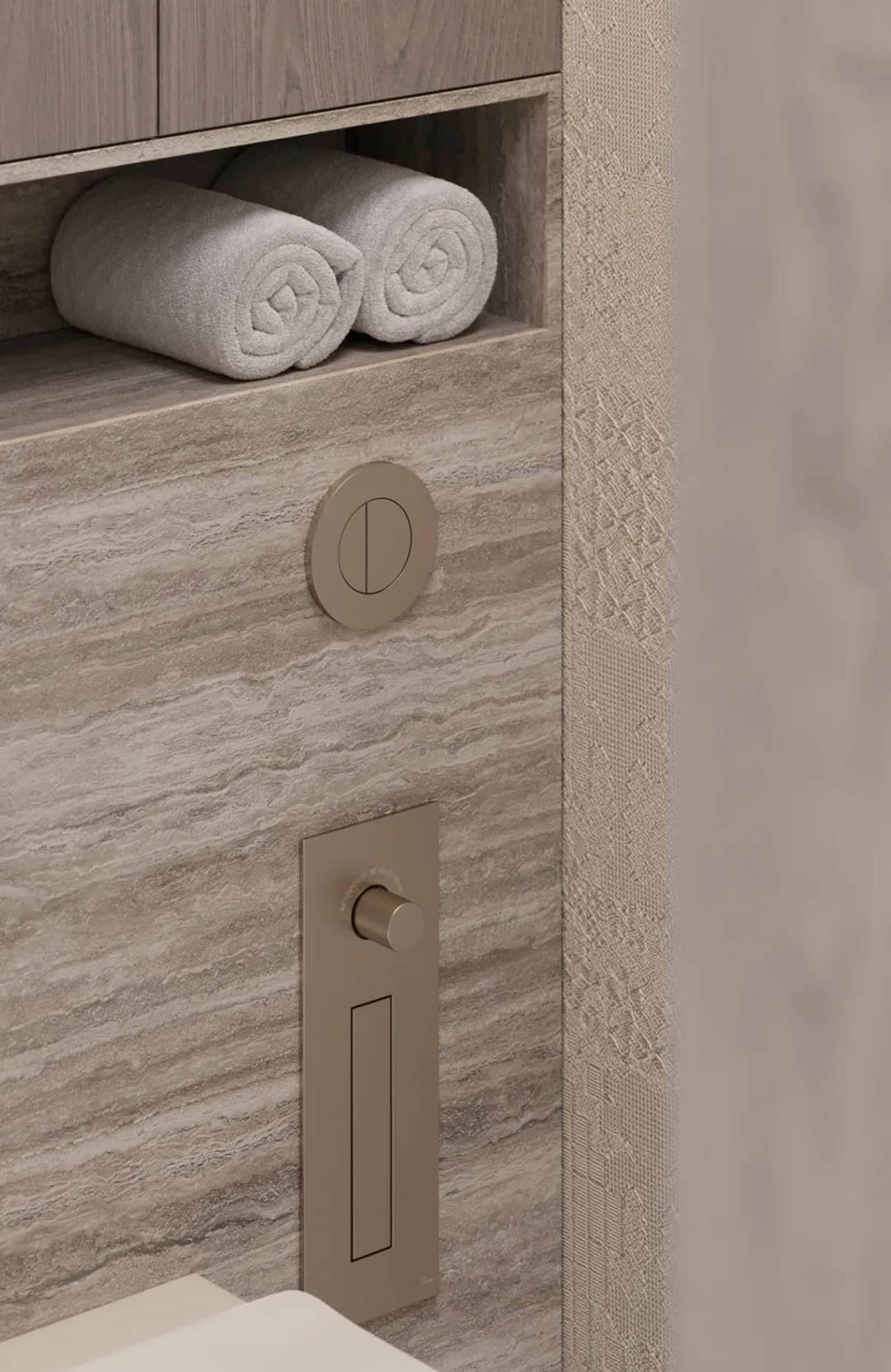 A modern bathroom storage functional zone with a tiled wall and textured surface, featuring a towel storage niche and a toile