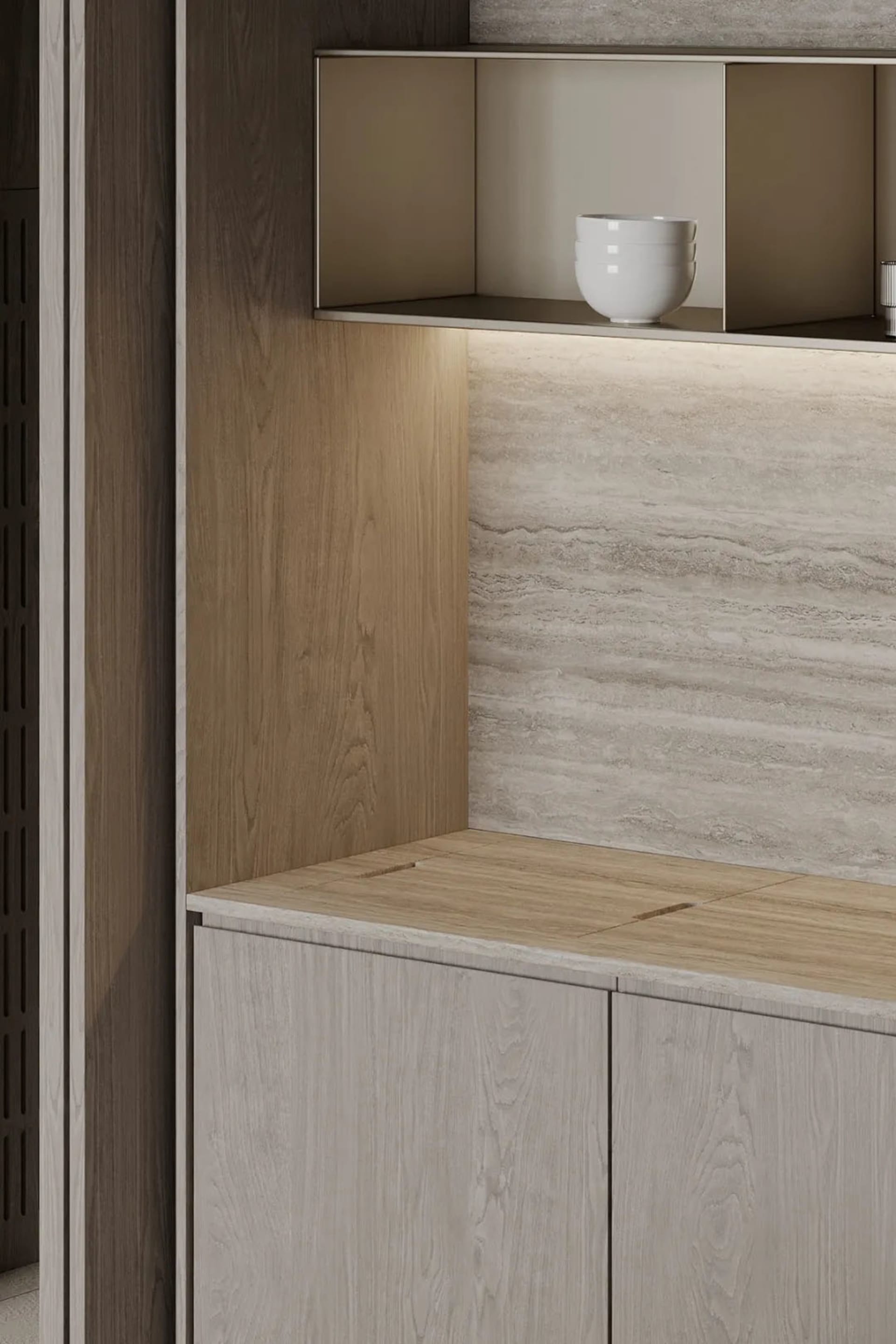 Modern kitchen featuring wooden cabinets and marble countertops