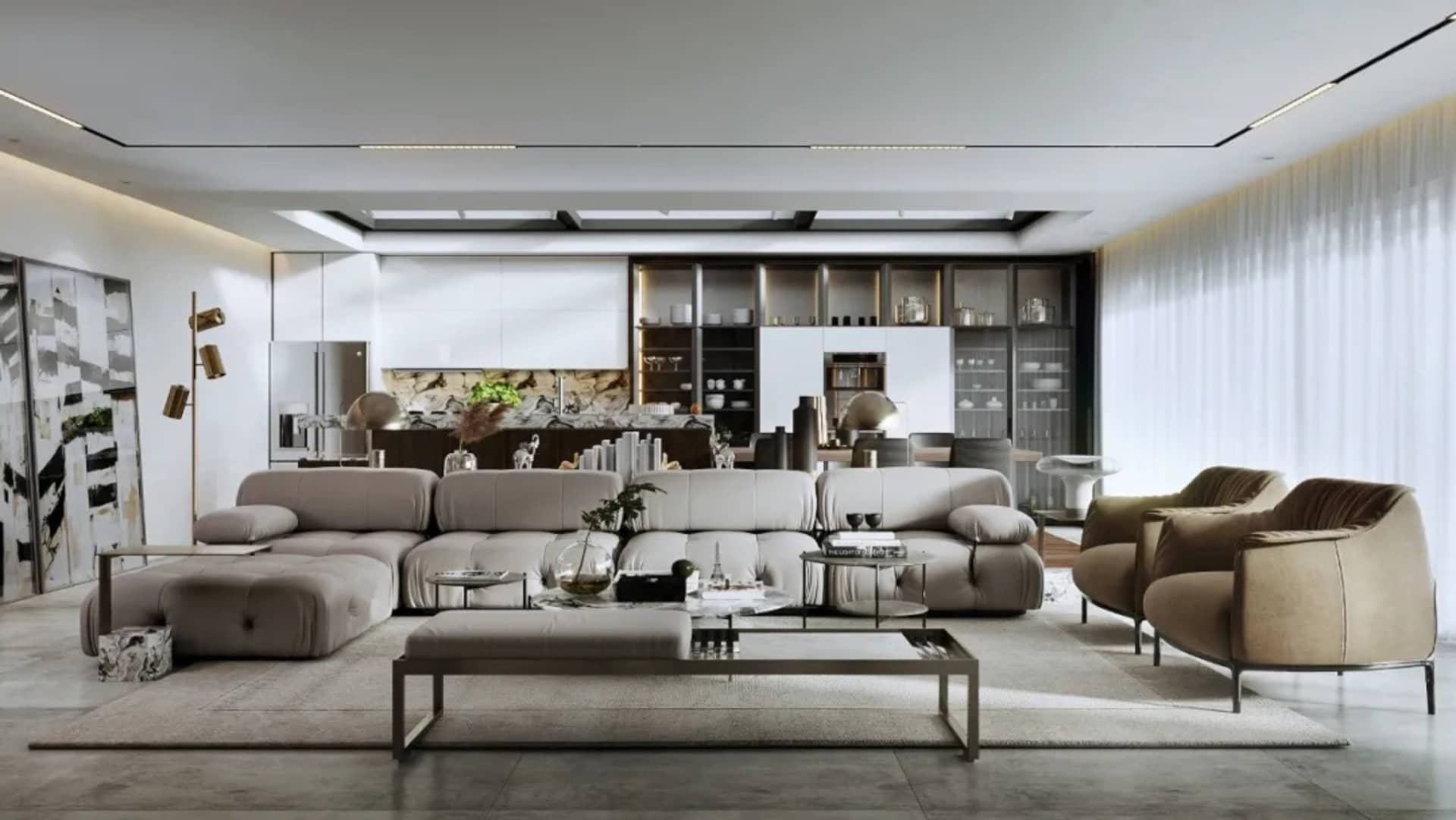 A modern living room with a comfortable fabric sofa, minimalistic design, and a clean, spacious layout.