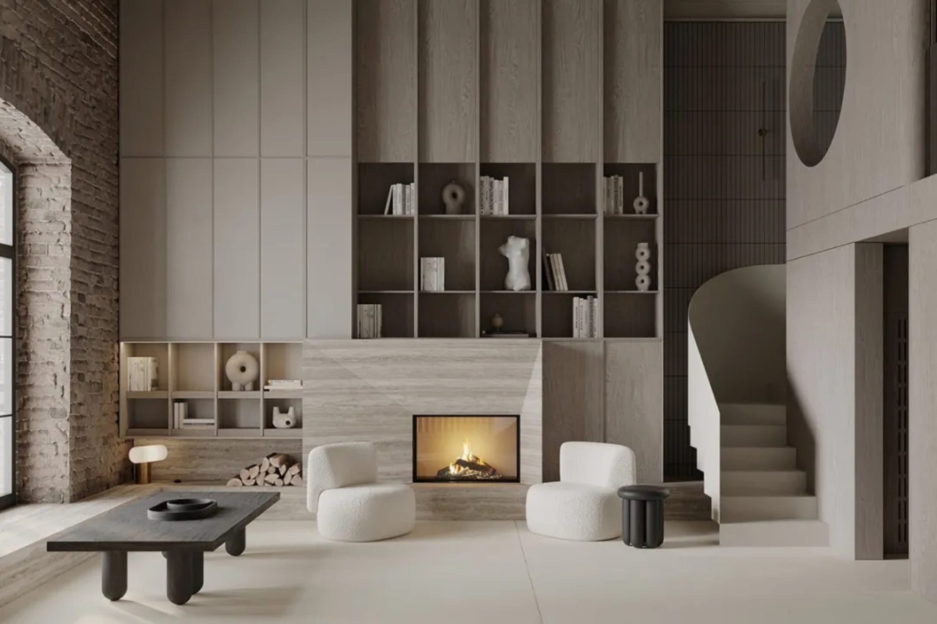 A modern living room with minimalist design, featuring white furniture, a fireplace, and wooden shelving.