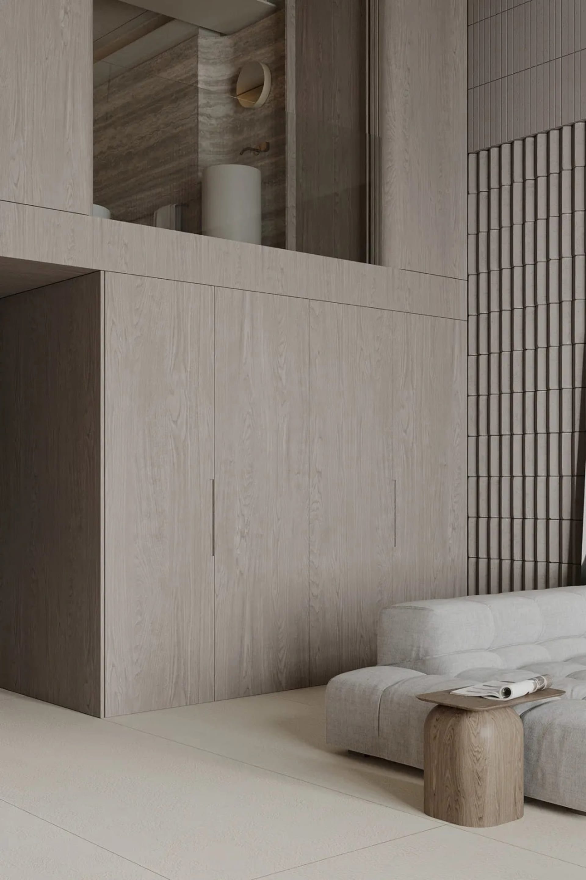 A modern minimalist living room featuring wood elements and a beige sofa with a wooden stool and a folded newspaper on top.