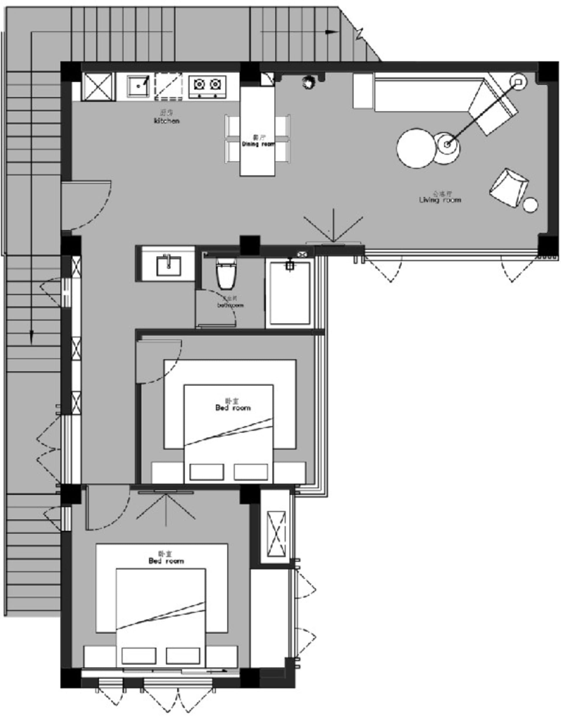 Floor plan of a modern residential apartment with two bedrooms, a living room, a kitchen, and two bathrooms.