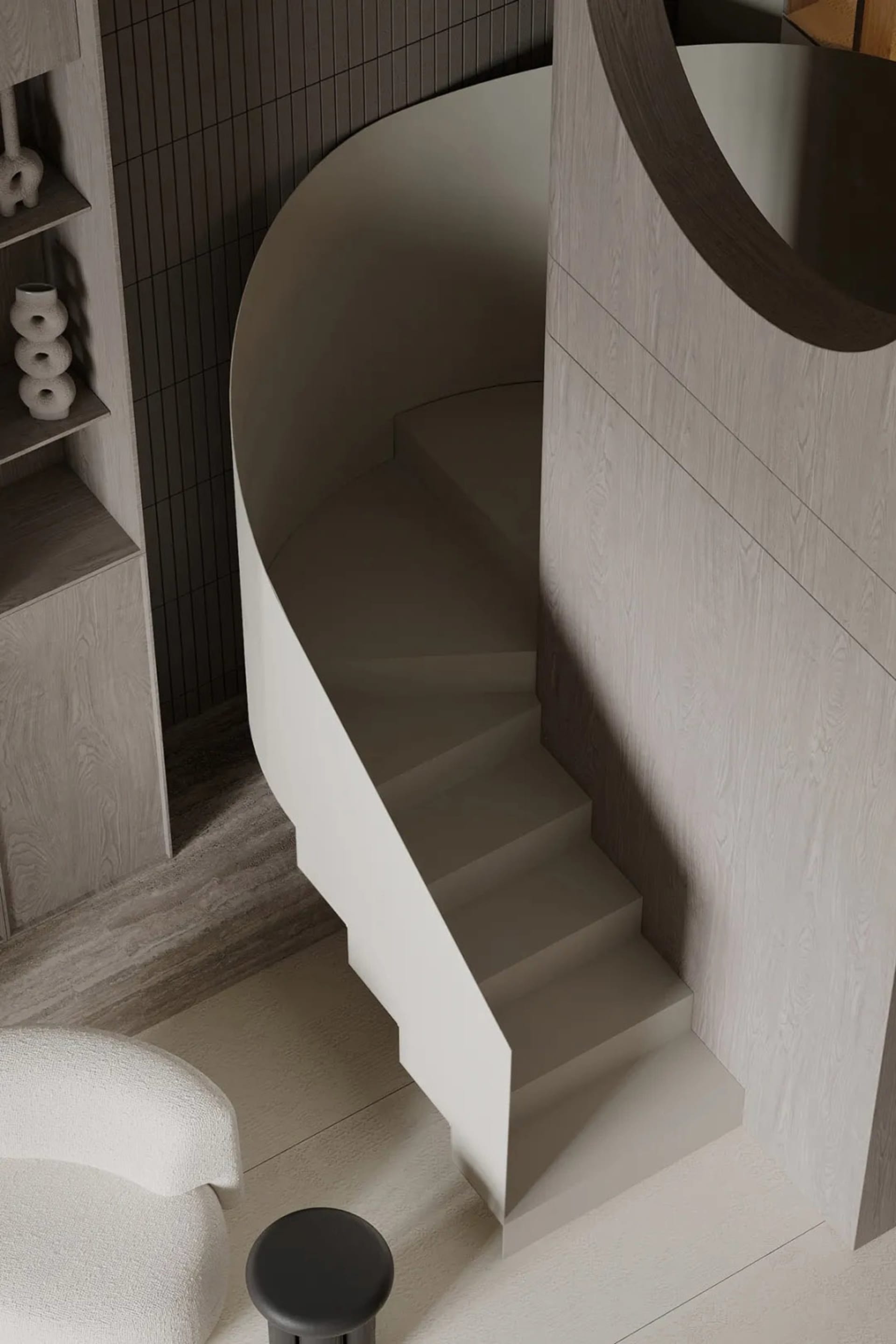 A modern concrete staircase with a circular design.