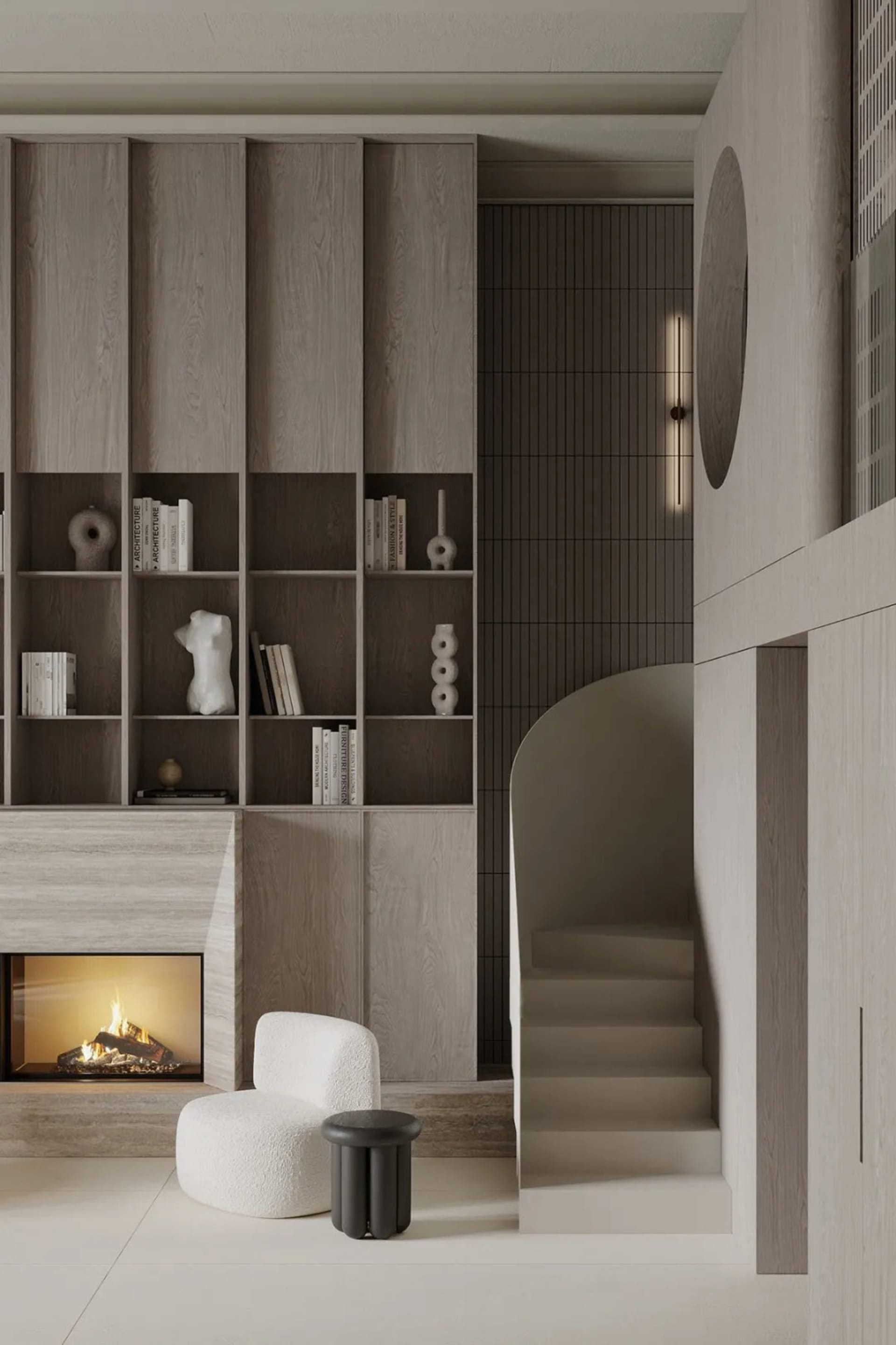 Modern living room with wooden walls and a fireplace.