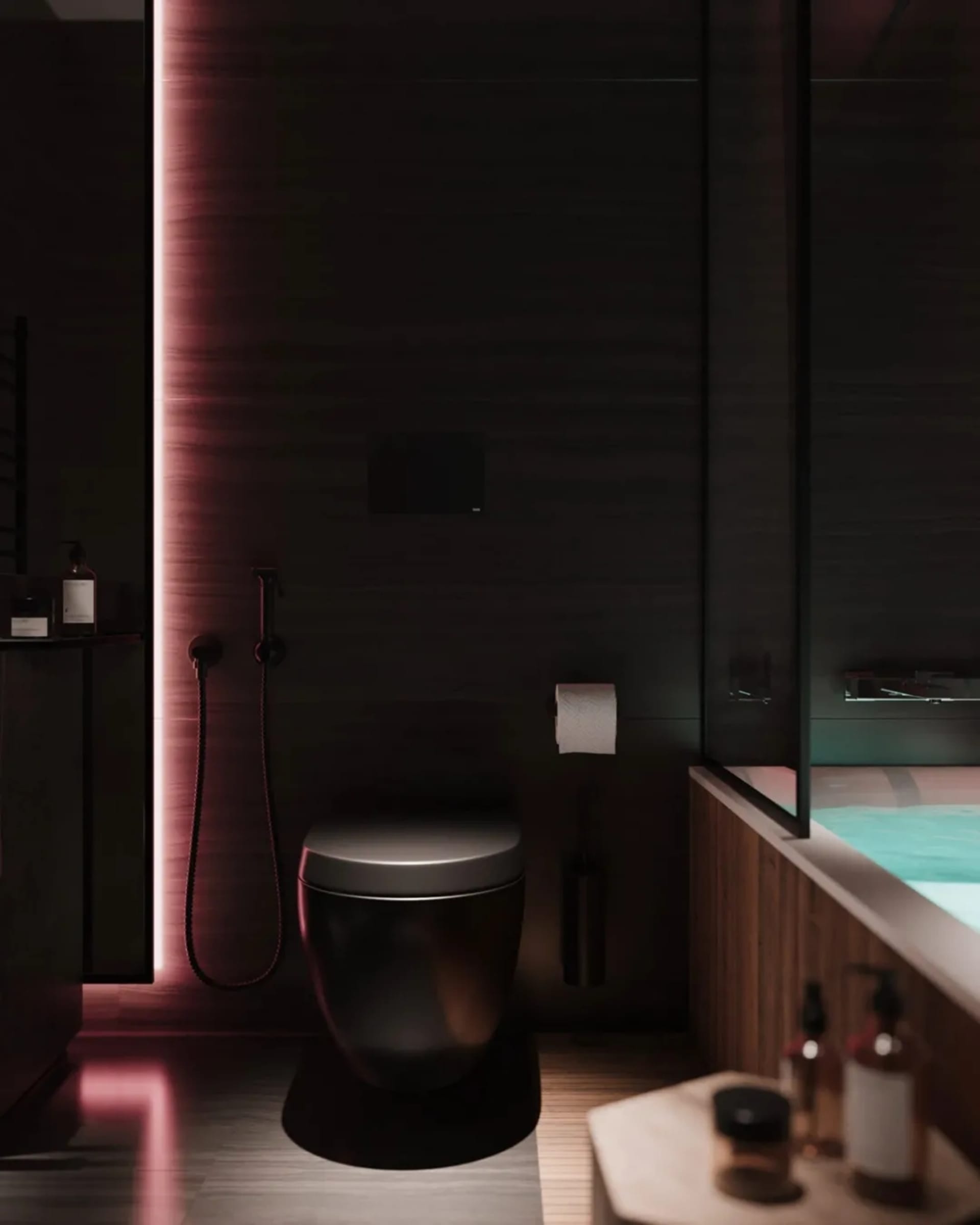 Industrial-style bathroom with dark metal finishes and a modern design.