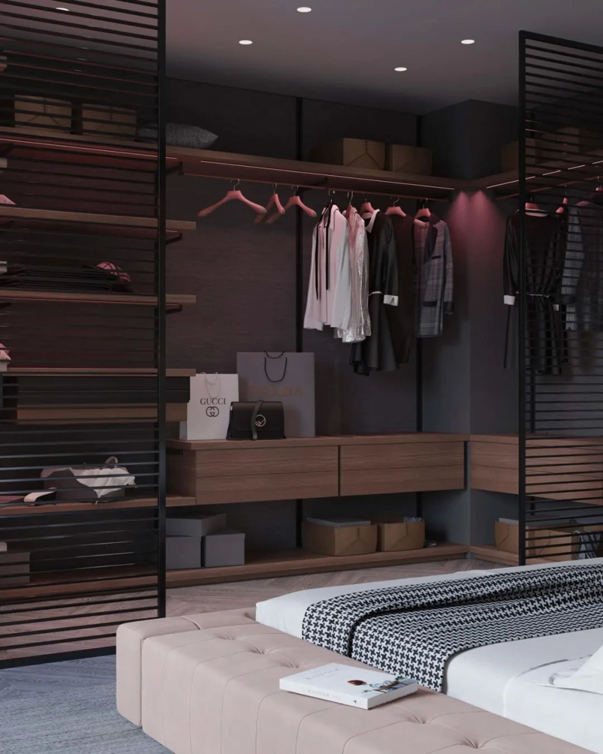 Modern bedroom with a stylish walk-in closet featuring wood shelves and metal accents.