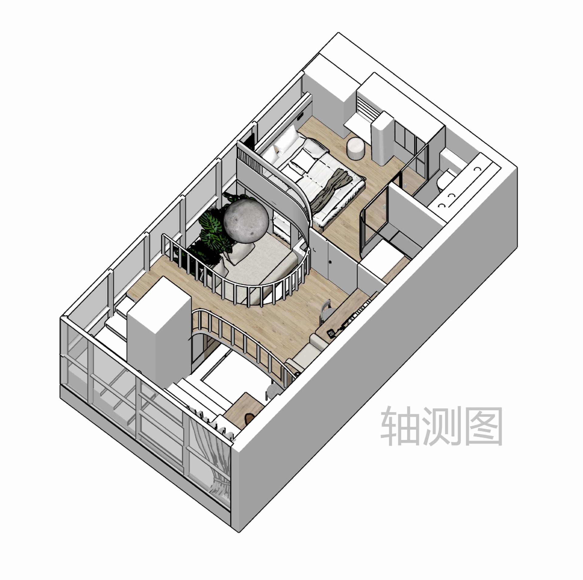 3D rendering of a modern loft apartment featuring wooden floors and glass walls.