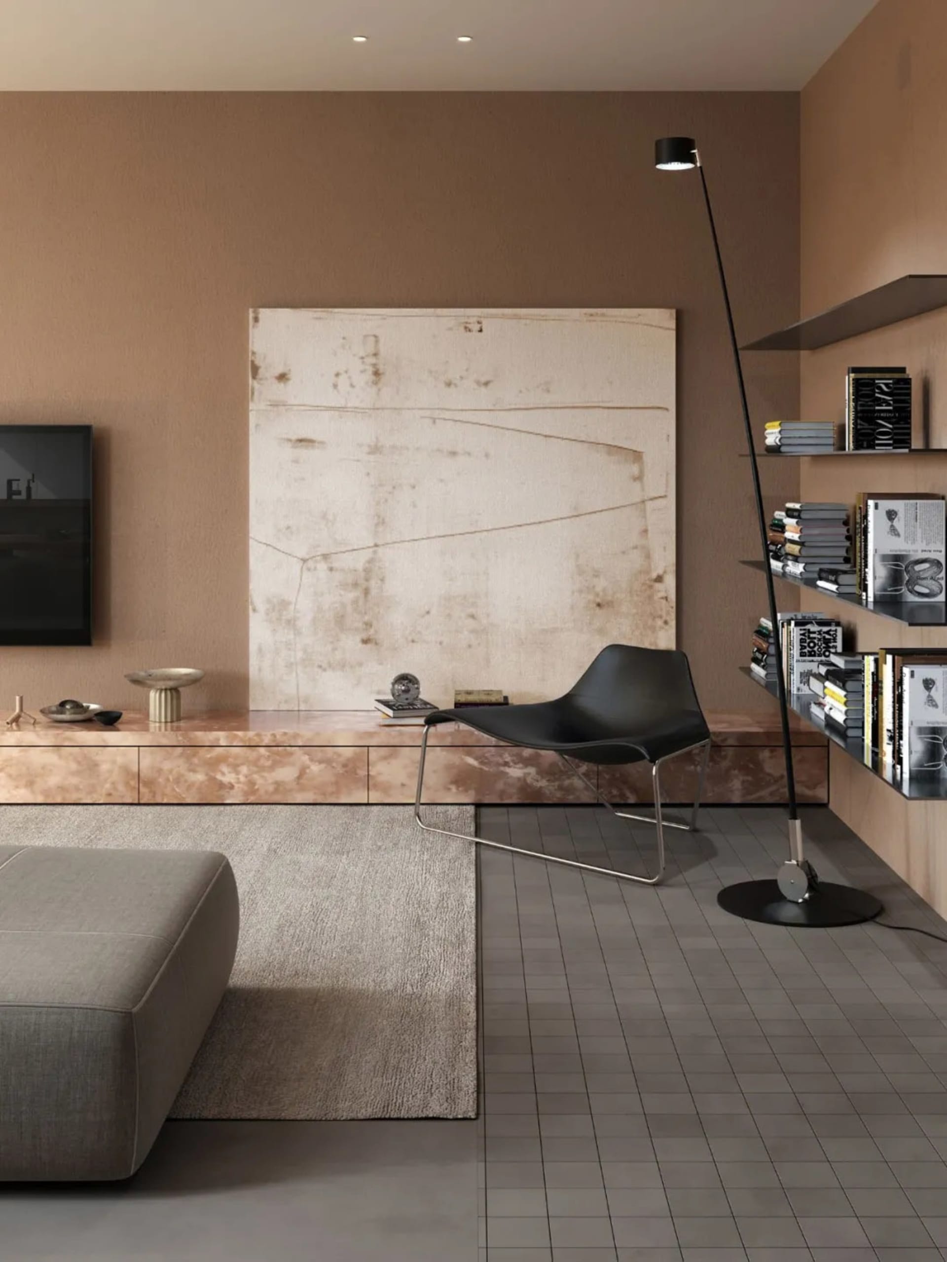 A modern minimalist living room with concrete textures and neutral color palette.