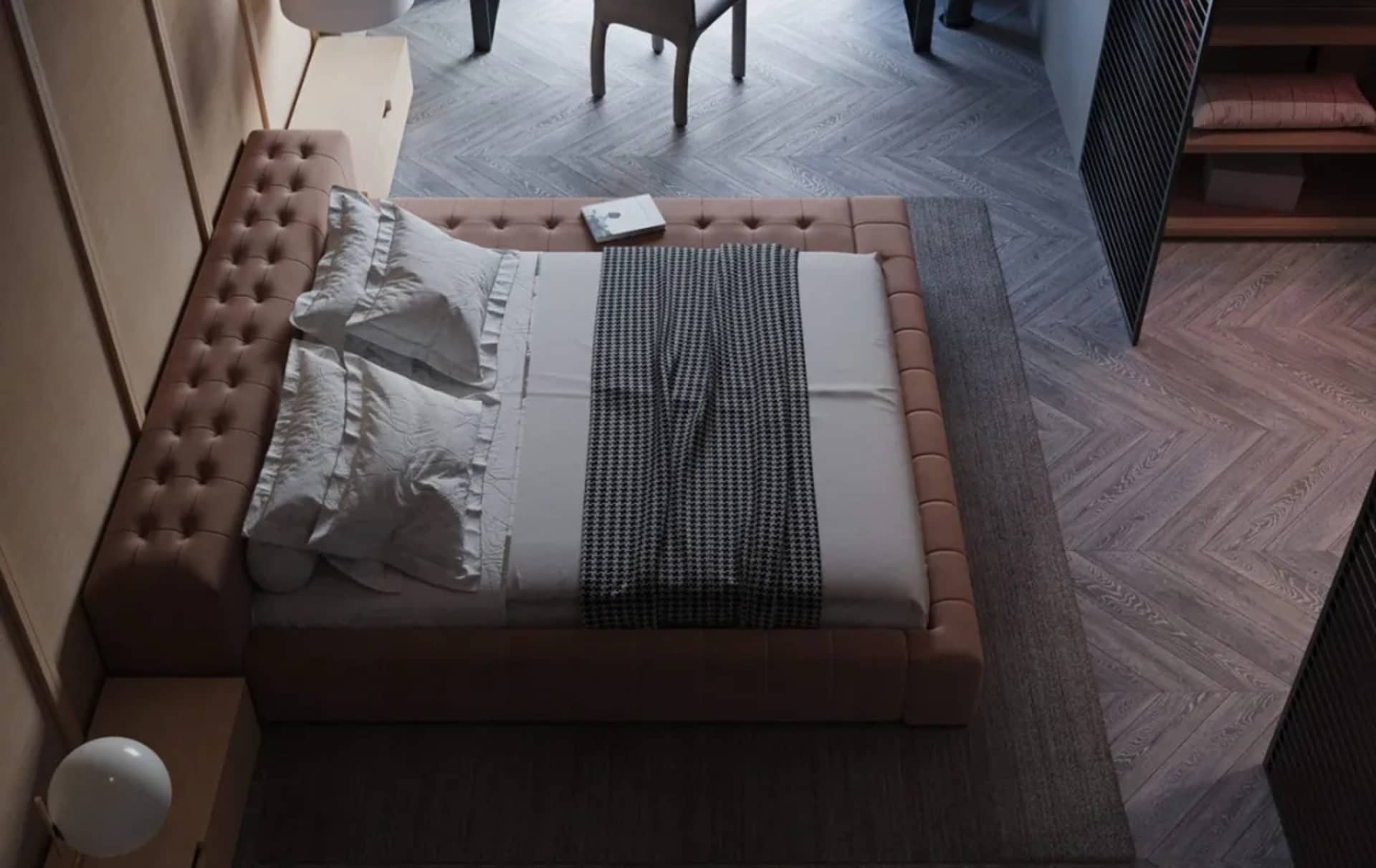 A modern bedroom featuring a textured fabric bed with a wood headboard and grey rug on a wooden floor.