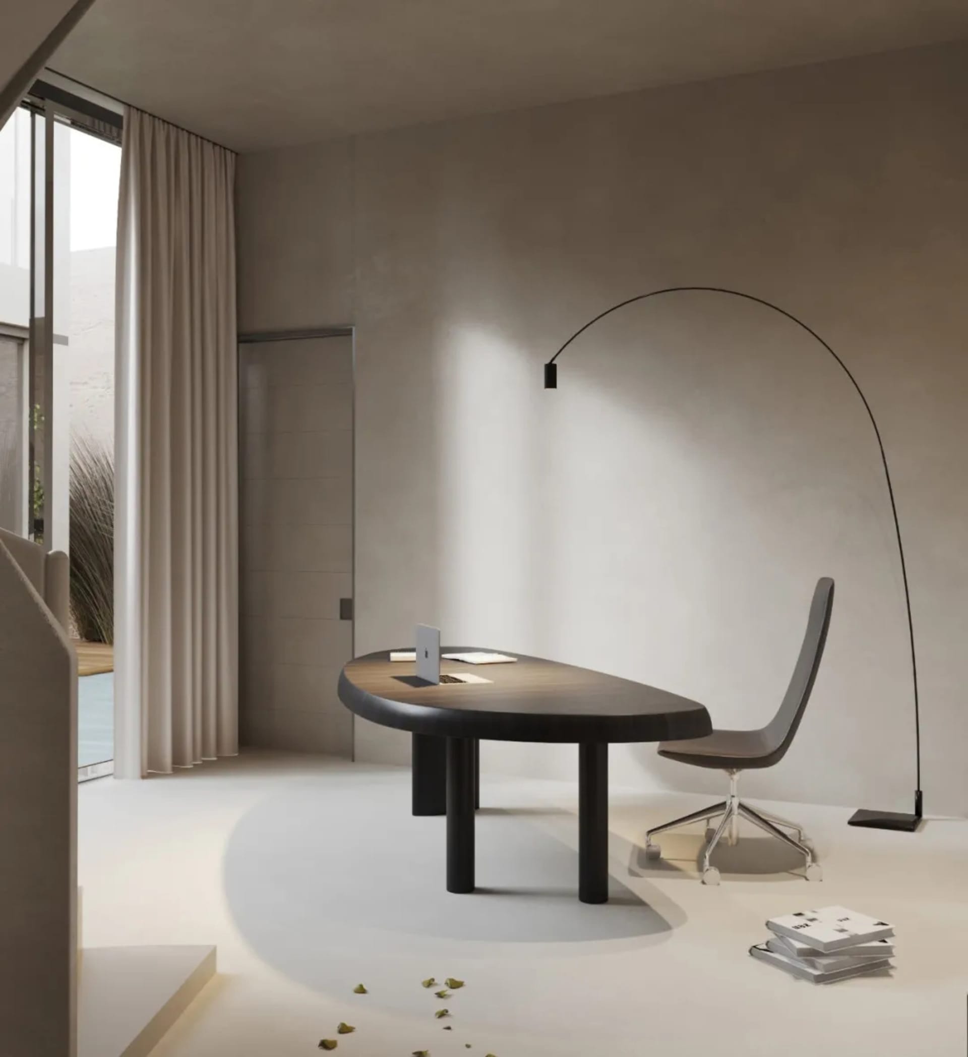 Modern minimalist office space featuring a sleek desk, chair, and floor lamp with wood and metal elements.