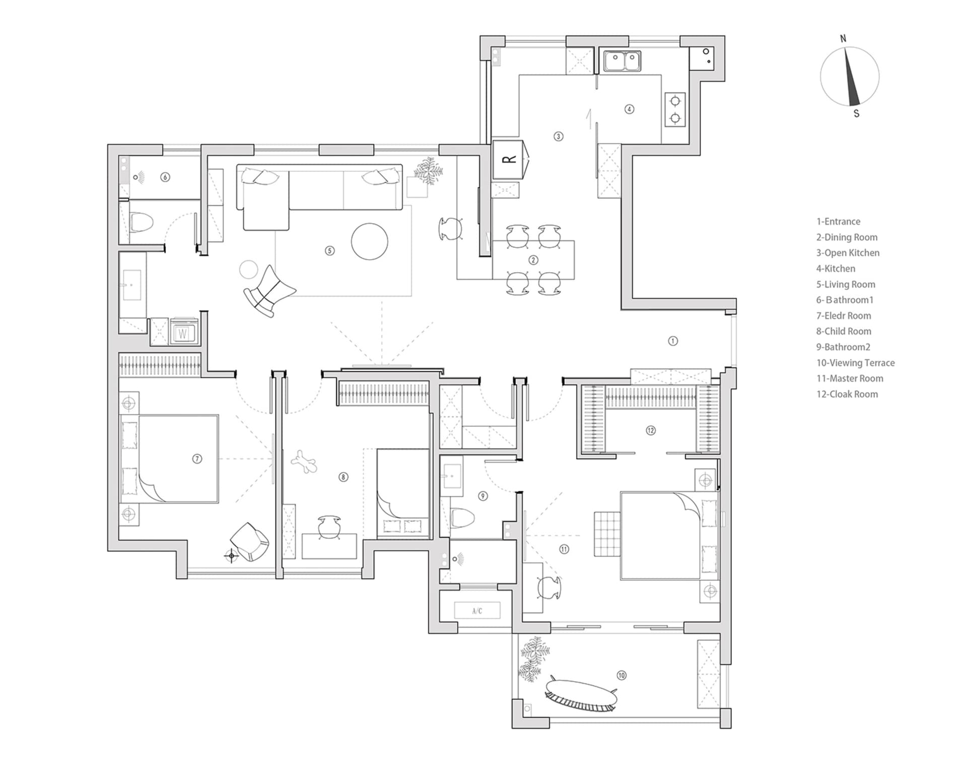 一張詳細的現代住宅平面圖 2D 技術圖,呈現混合材質與開放空間。