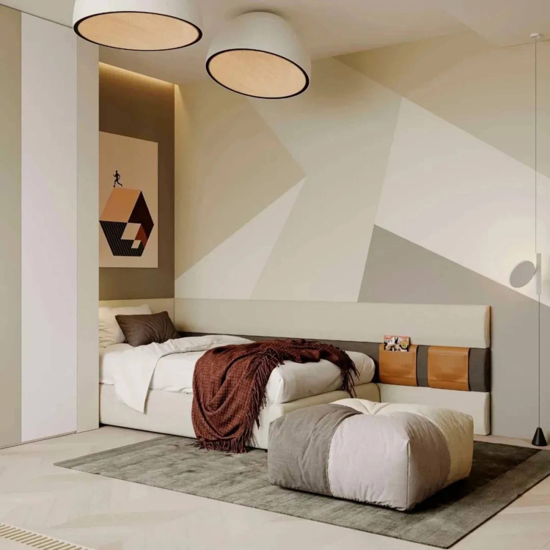 A serene, minimalist bedroom with a bed, ottoman, wall art, and geometric wall design.