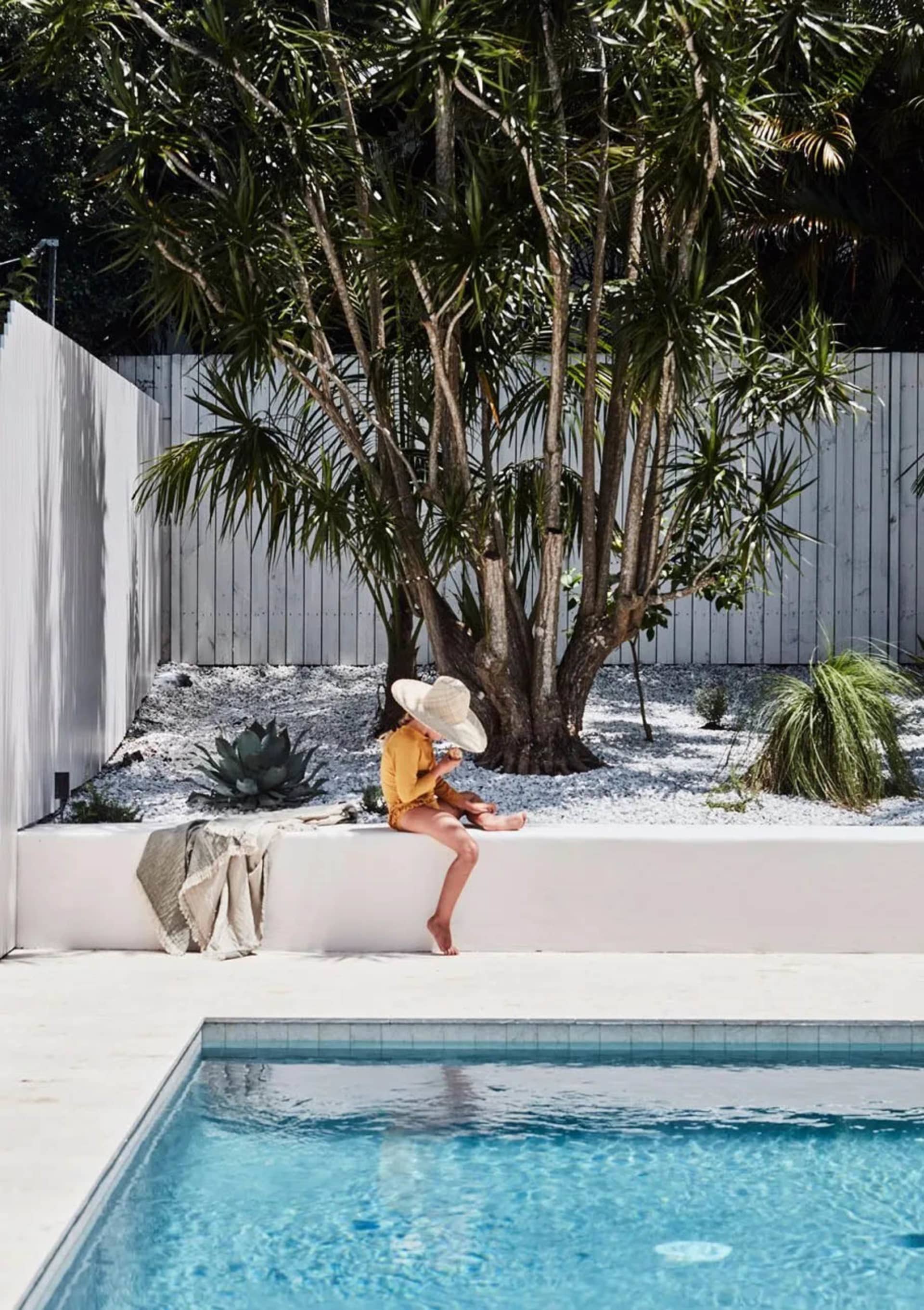 A modern residential patio featuring a concrete pool and surrounding landscaping with concrete retaining walls, palm trees, a