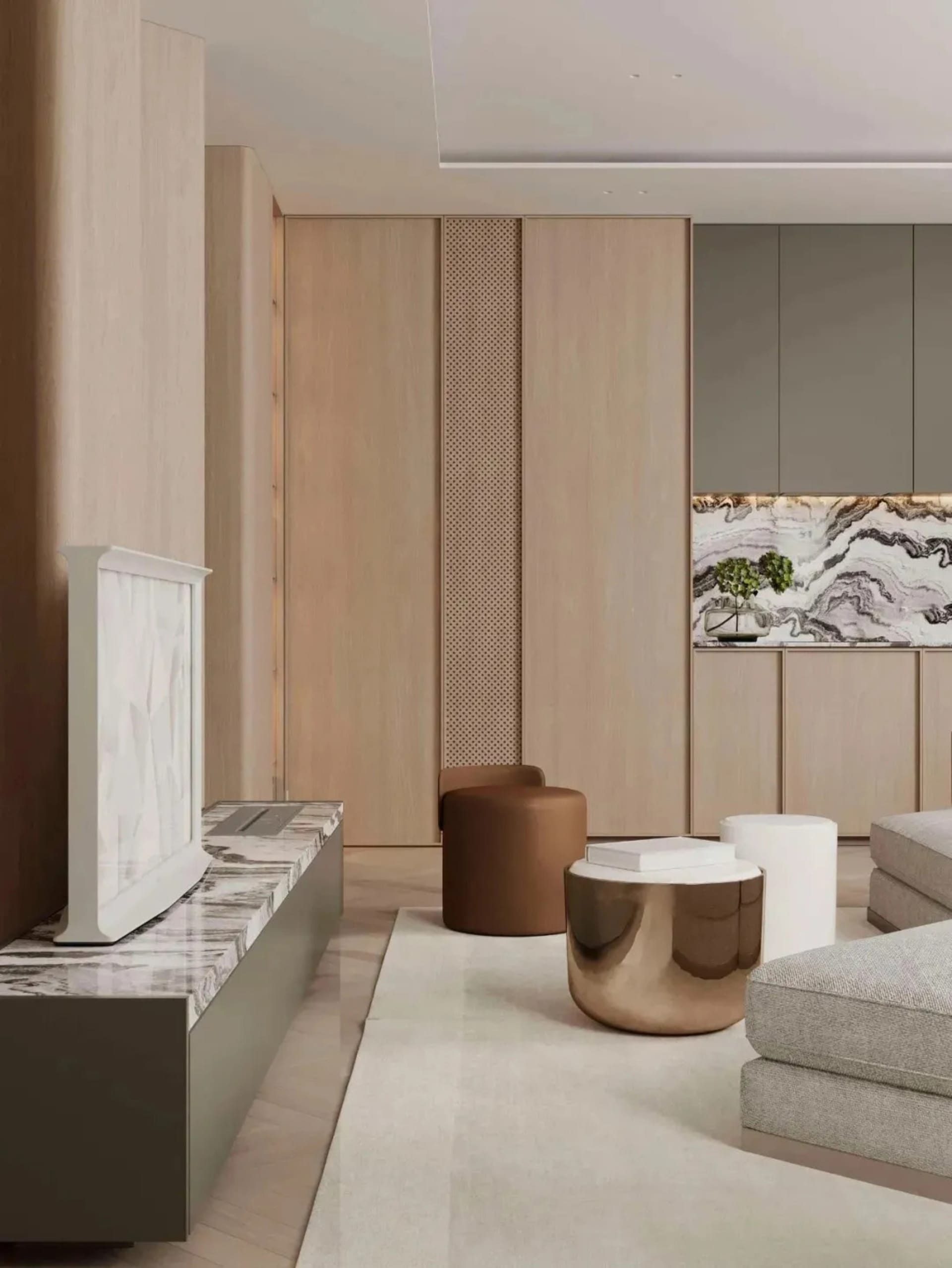 Modern minimalist living room featuring wooden cabinets, polished stone countertops, and metallic furniture.