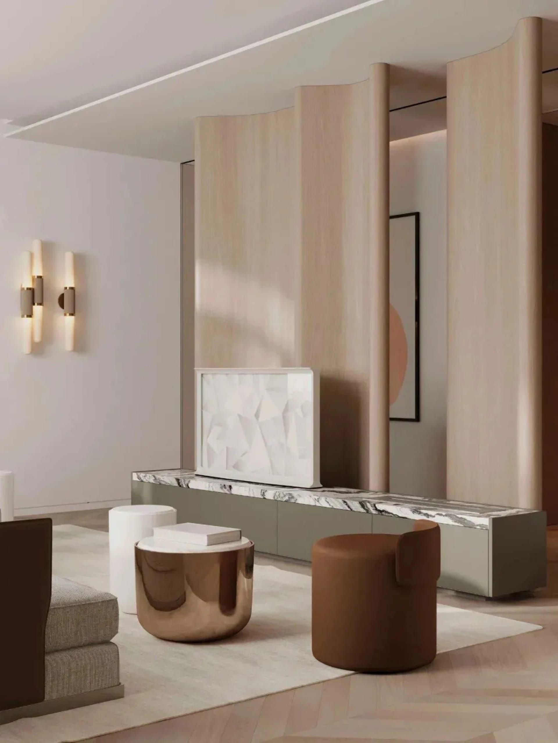 Modern minimalist living room with marble accent and brown furniture.